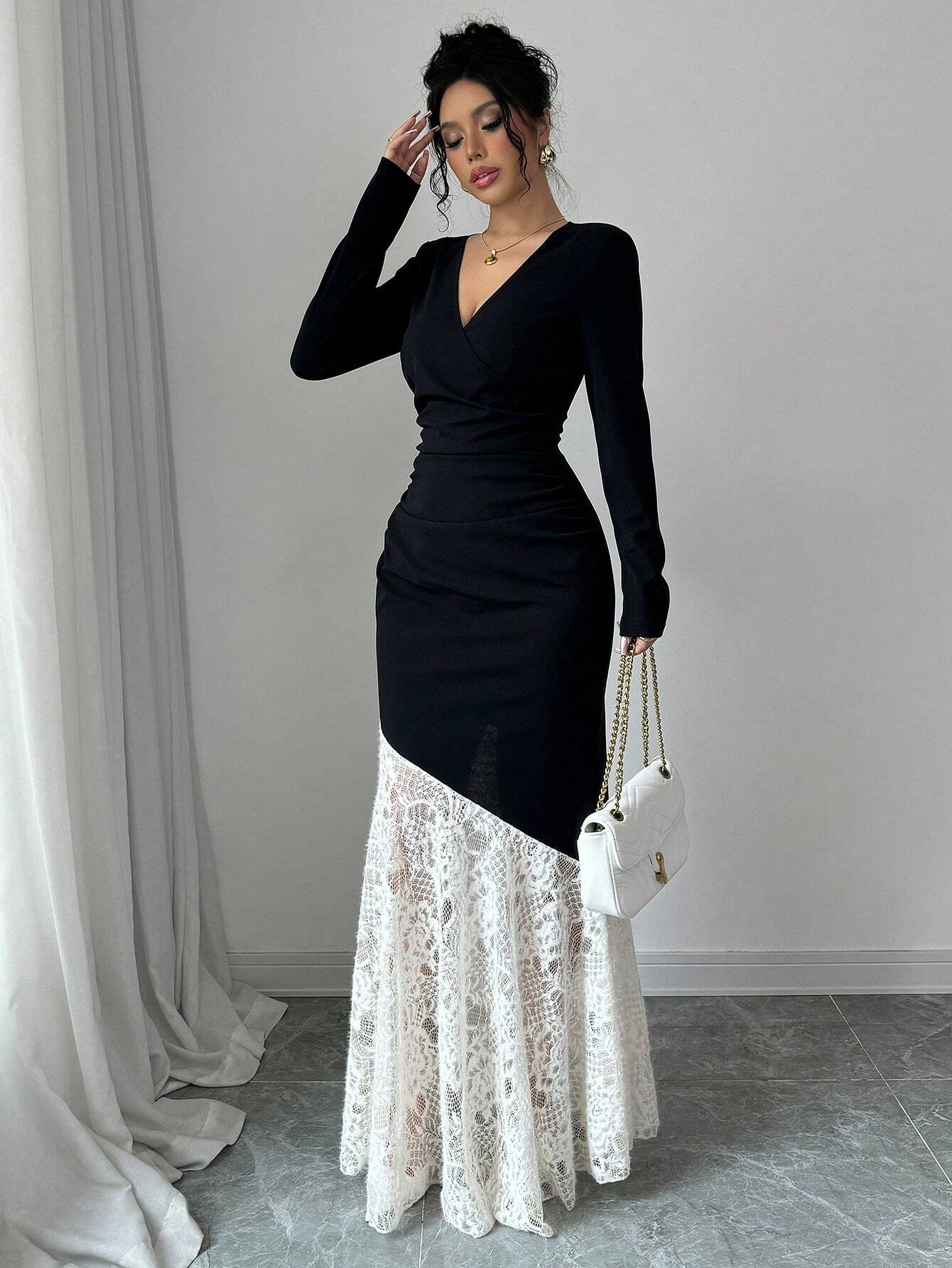  | SHEIN Modely 1pc Women Elegant Knitted Black Contrast Lace Cinched Waist Ruched Bodycon Dress Maxi Women Outfit Long Evening Dresses | Dress | Shein | OneHub