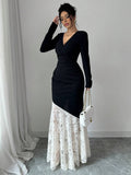  | SHEIN Modely 1pc Women Elegant Knitted Black Contrast Lace Cinched Waist Ruched Bodycon Dress Maxi Women Outfit Long Evening Dresses | Dress | Shein | OneHub