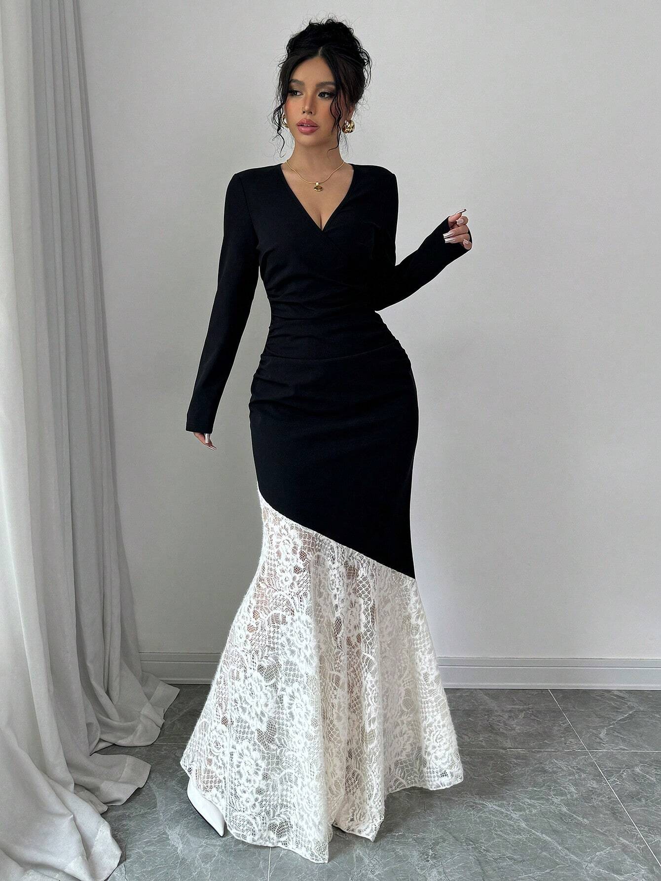  | SHEIN Modely 1pc Women Elegant Knitted Black Contrast Lace Cinched Waist Ruched Bodycon Dress Maxi Women Outfit Long Evening Dresses | Dress | Shein | OneHub