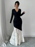  | SHEIN Modely 1pc Women Elegant Knitted Black Contrast Lace Cinched Waist Ruched Bodycon Dress Maxi Women Outfit Long Evening Dresses | Dress | Shein | OneHub