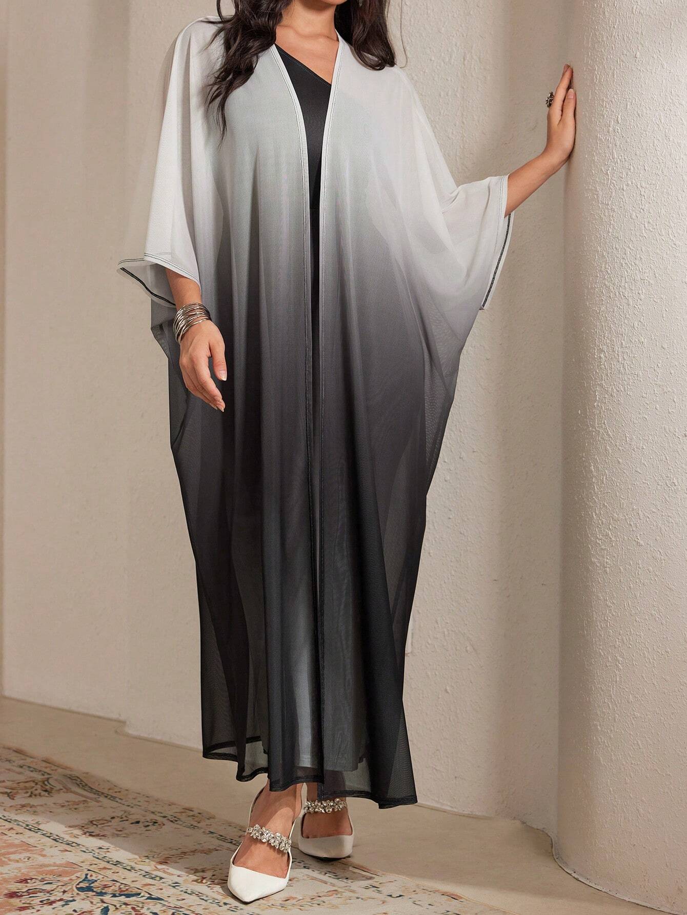  | SHEIN Modely 2pcs Set Women's Elegant Gradient Batwing Sleeve Long Jacket And Asymmetric Collar Fitted Dress | Dress | Shein | OneHub