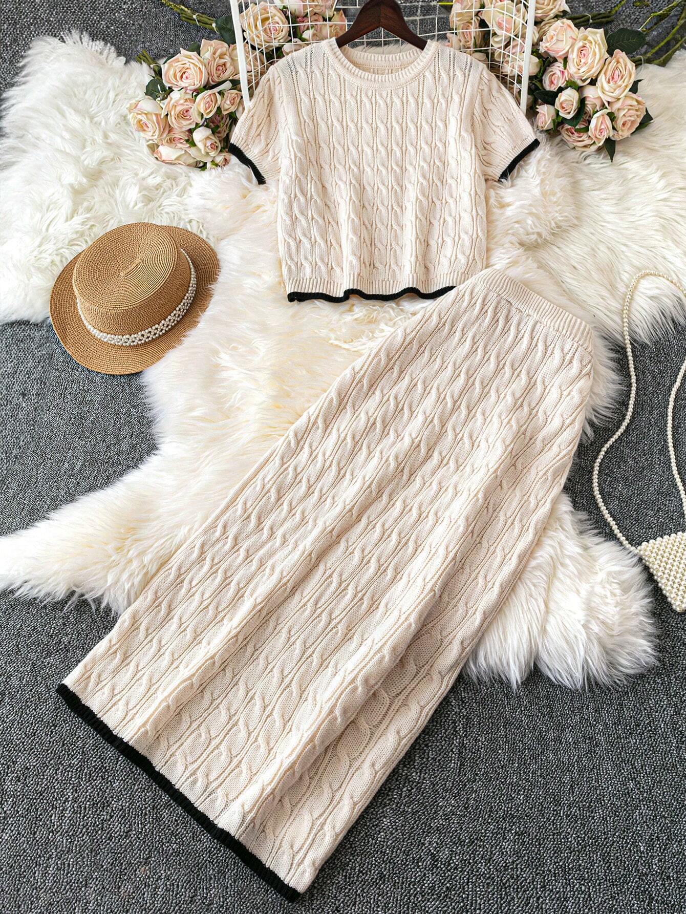  | SHEIN Modely 2pcs Women Autumn/Winter Colorblock Crew Neck Short Sleeve Knitted Top And Knitted Blend Skirt Casual Outfit | Top and Pant Set | Shein | OneHub