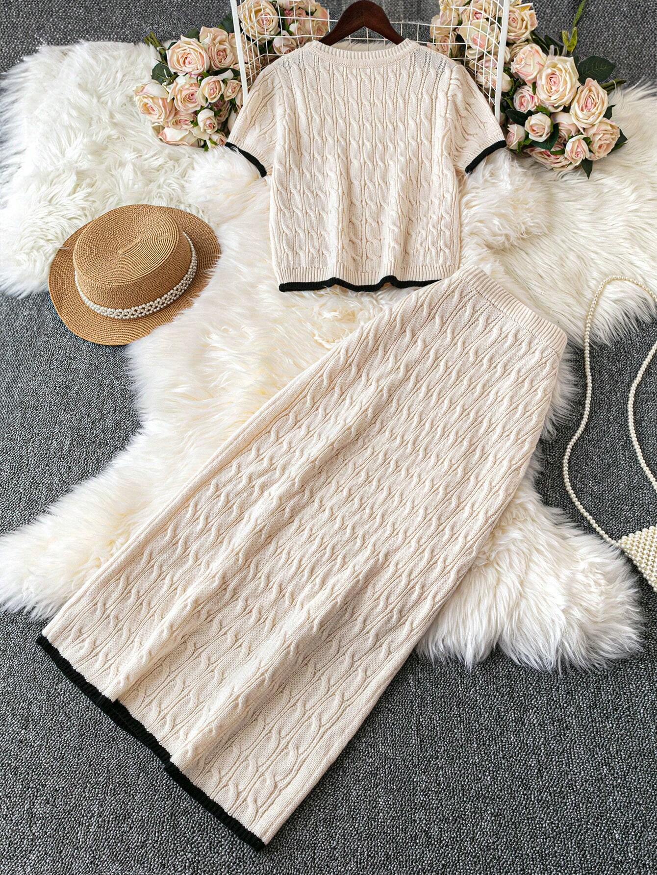  | SHEIN Modely 2pcs Women Autumn/Winter Colorblock Crew Neck Short Sleeve Knitted Top And Knitted Blend Skirt Casual Outfit | Top and Pant Set | Shein | OneHub