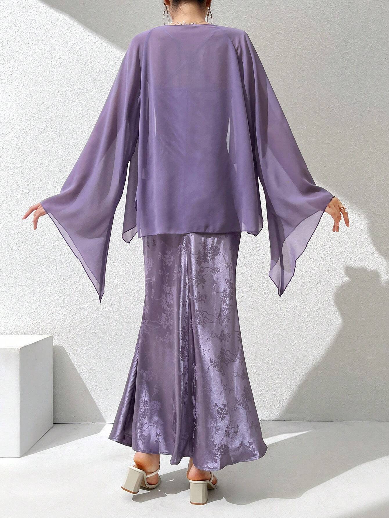  | SHEIN Modely 2pcs Women's Solid Color Mesh Flare Sleeve Jacket & Floral Print Dress Simple Daily Outfit Set | Dress | Shein | OneHub