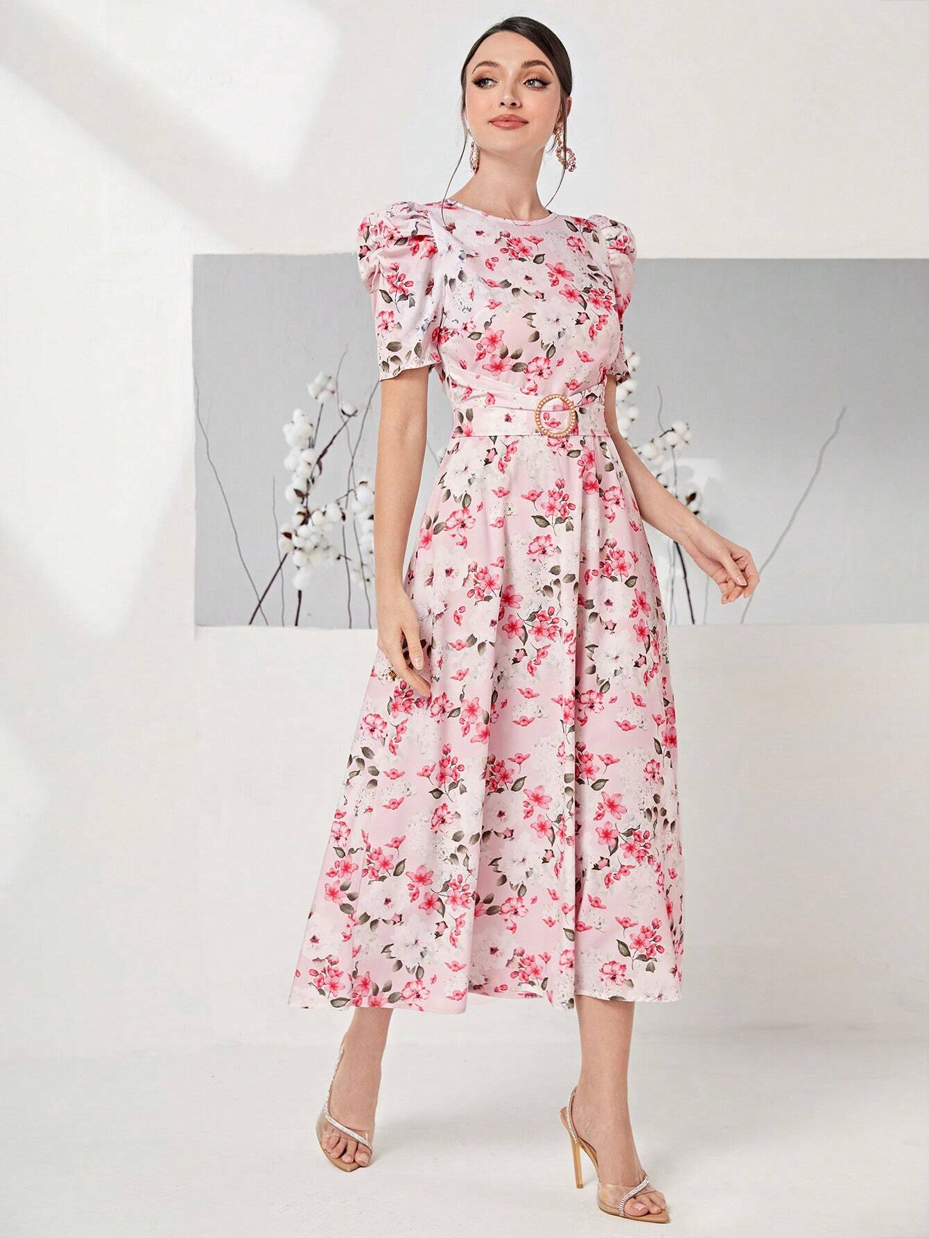  | SHEIN Modely Allover Floral Print Puff Sleeve Belted Dress | Dress | Shein | OneHub