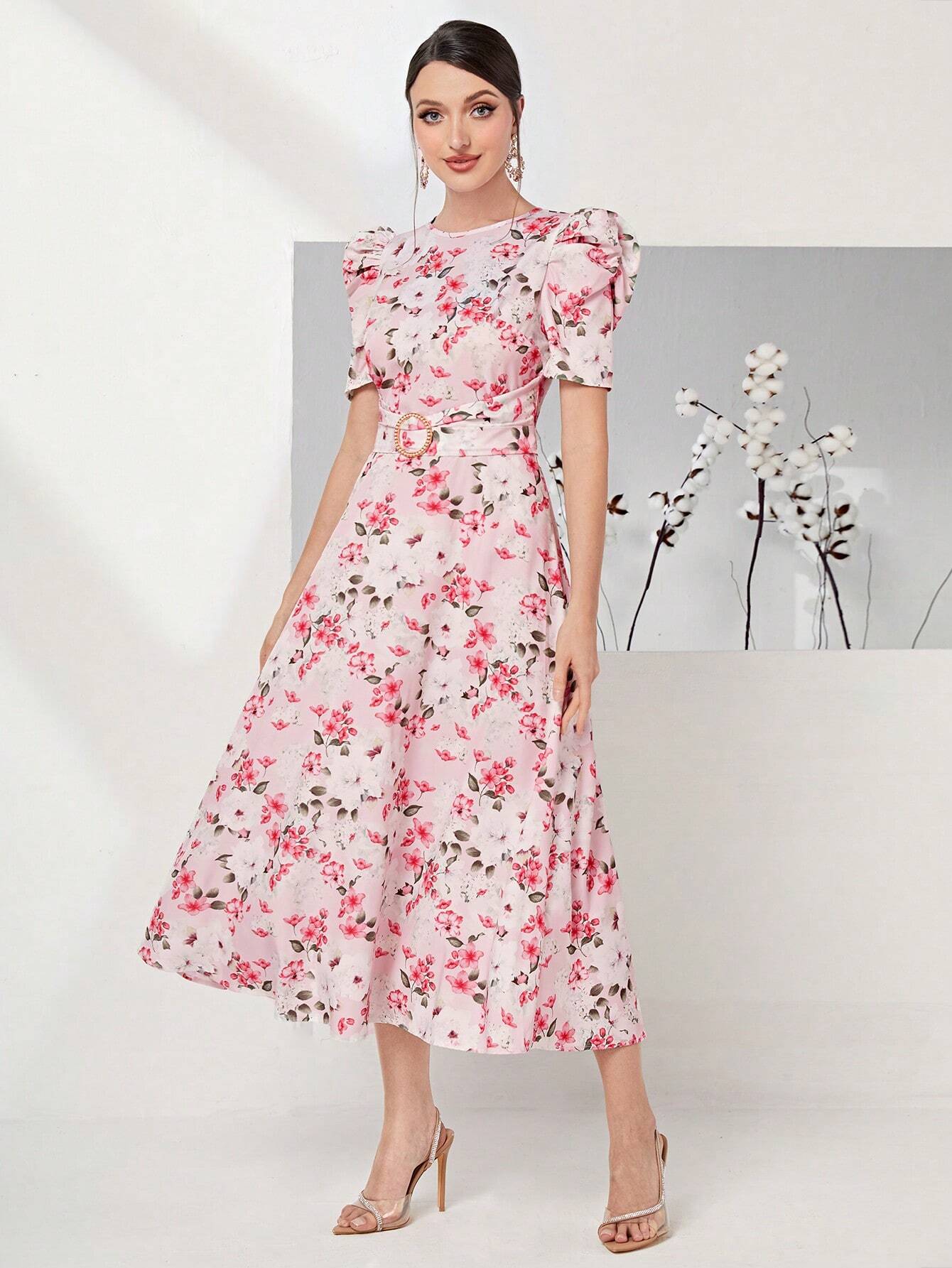  | SHEIN Modely Allover Floral Print Puff Sleeve Belted Dress | Dress | Shein | OneHub