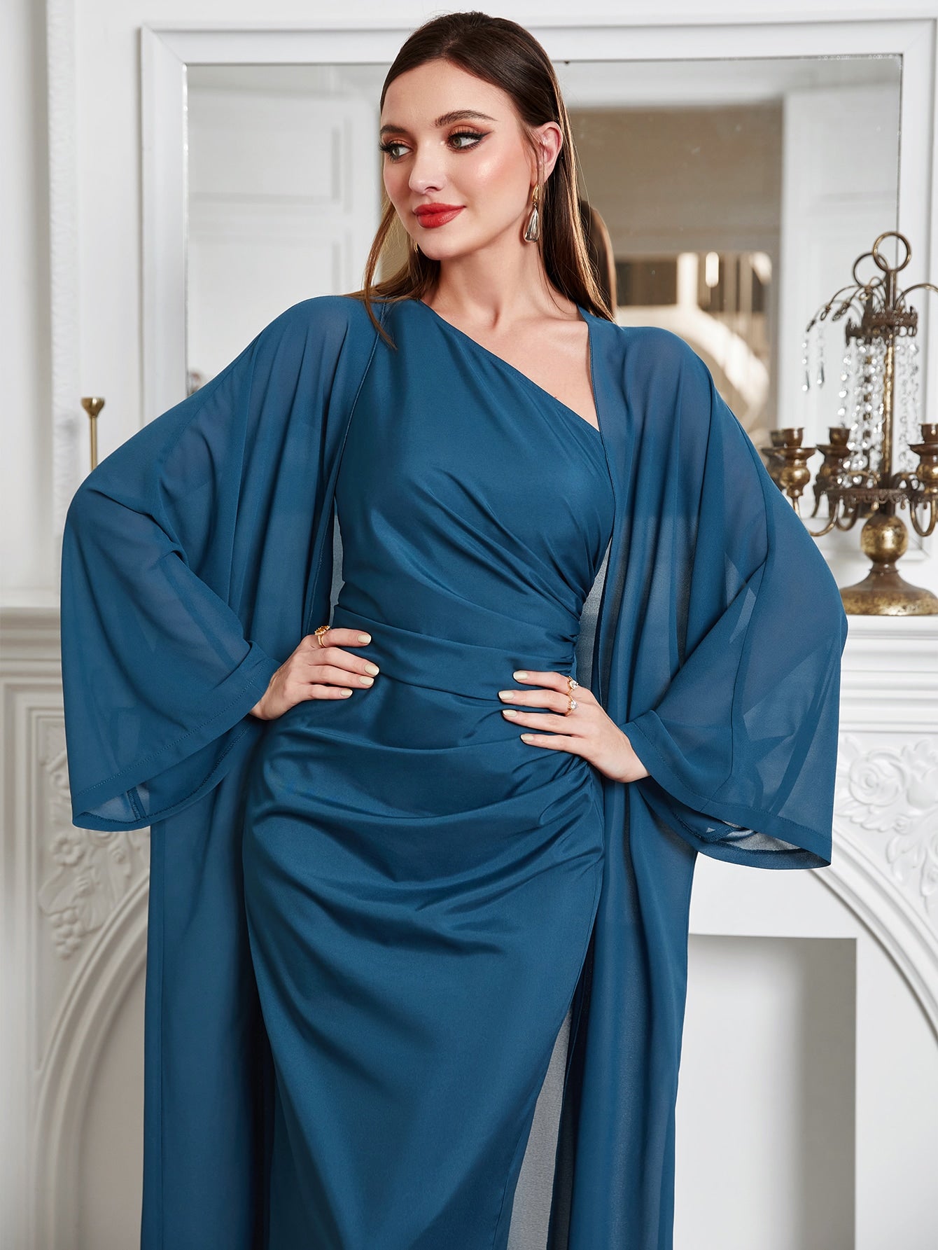  | SHEIN Modely Batwing Sleeve Coat & One Shoulder Ruched Dress | Dress | Shein | OneHub