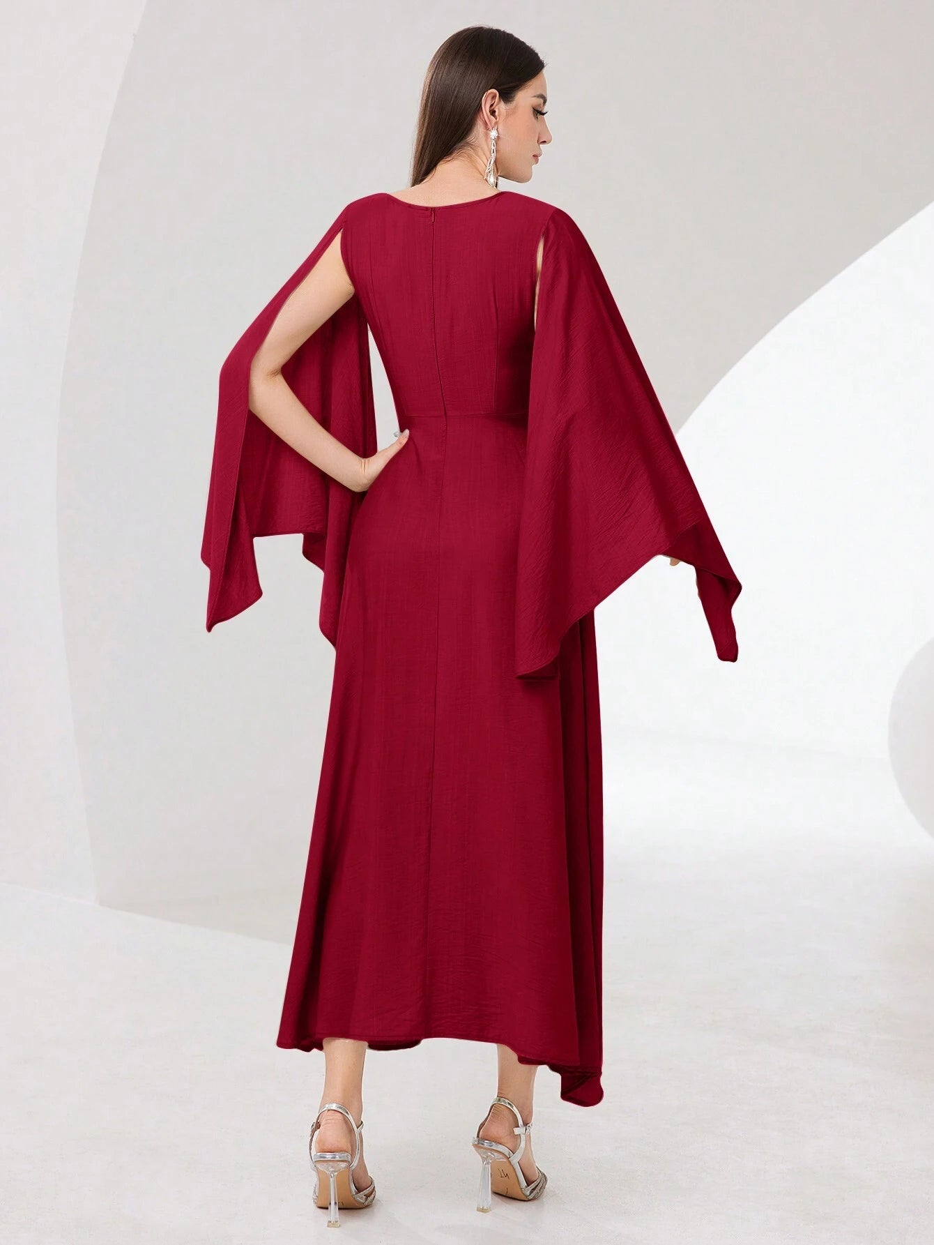  | SHEIN Modely Burgundy Red Cloak Sleeve Knot Side Wrap Hem Dress | Dress | Shein | OneHub
