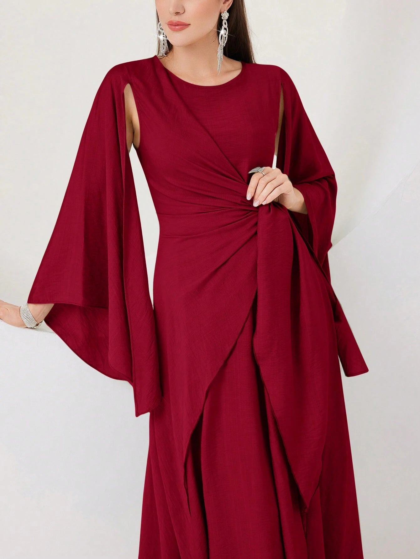  | SHEIN Modely Burgundy Red Cloak Sleeve Knot Side Wrap Hem Dress | Dress | Shein | OneHub
