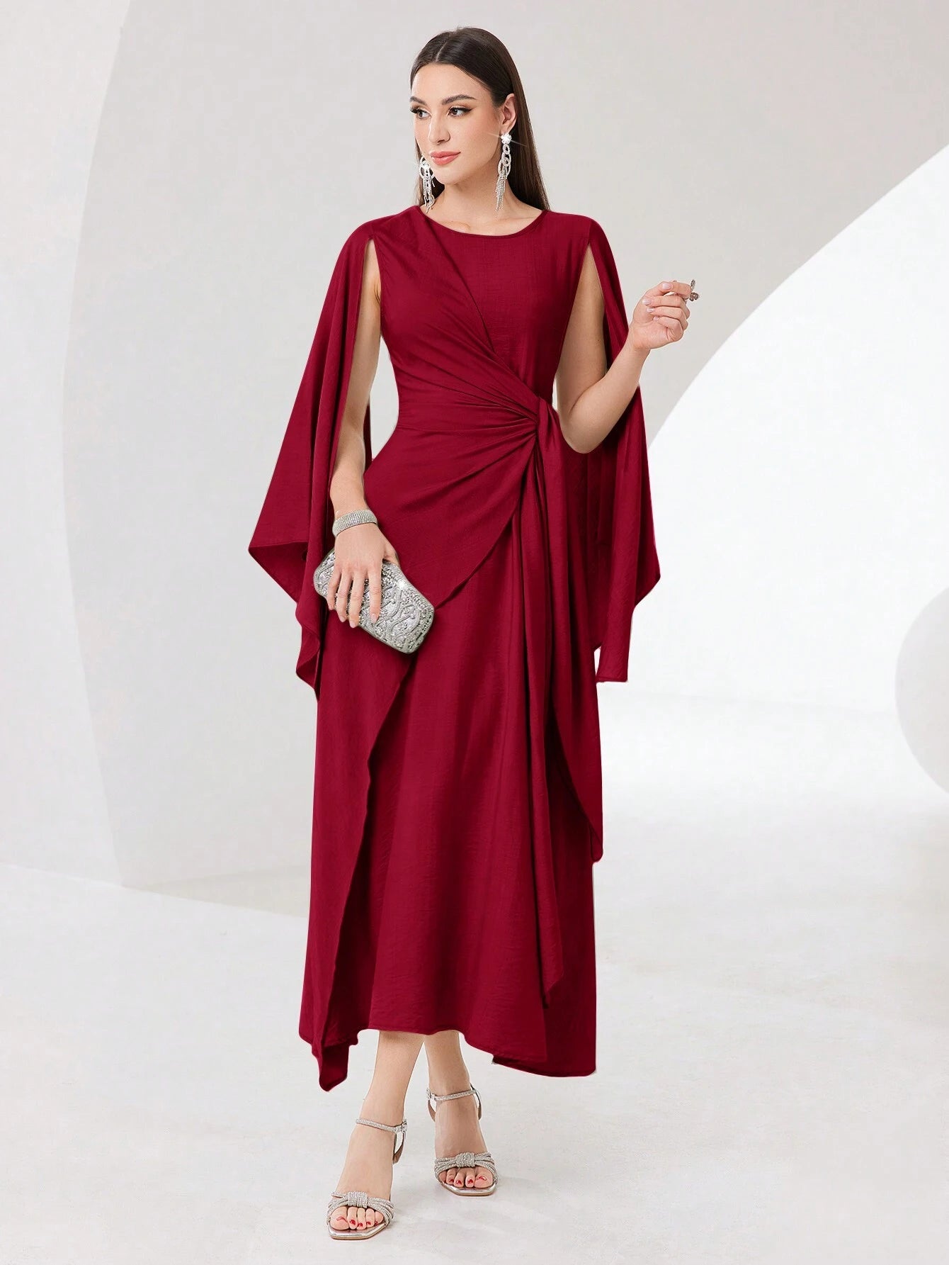  | SHEIN Modely Burgundy Red Cloak Sleeve Knot Side Wrap Hem Dress | Dress | Shein | OneHub