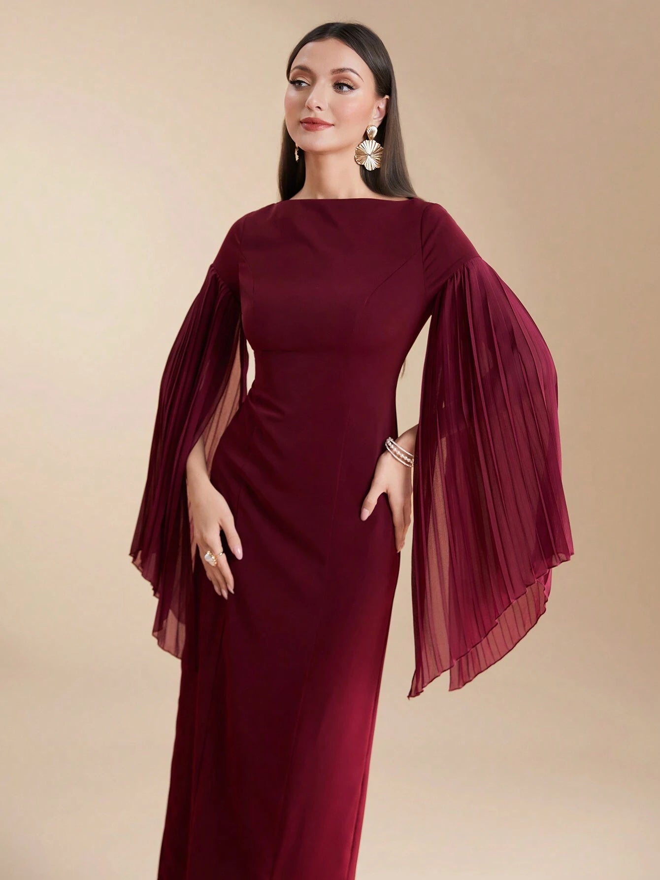  | SHEIN Modely Burgundy Red Women's Summer Solid Color Round Neck Pleated Slit Long Sleeve Elegant Dress | Dress | Shein | OneHub