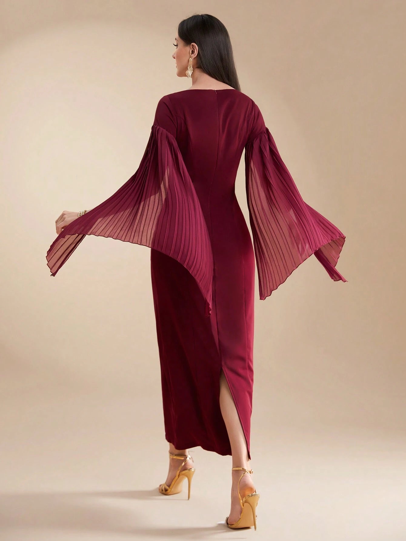  | SHEIN Modely Burgundy Red Women's Summer Solid Color Round Neck Pleated Slit Long Sleeve Elegant Dress | Dress | Shein | OneHub