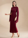 | SHEIN Modely Burgundy Red Women's Summer Solid Color Round Neck Pleated Slit Long Sleeve Elegant Dress | Dress | Shein | OneHub