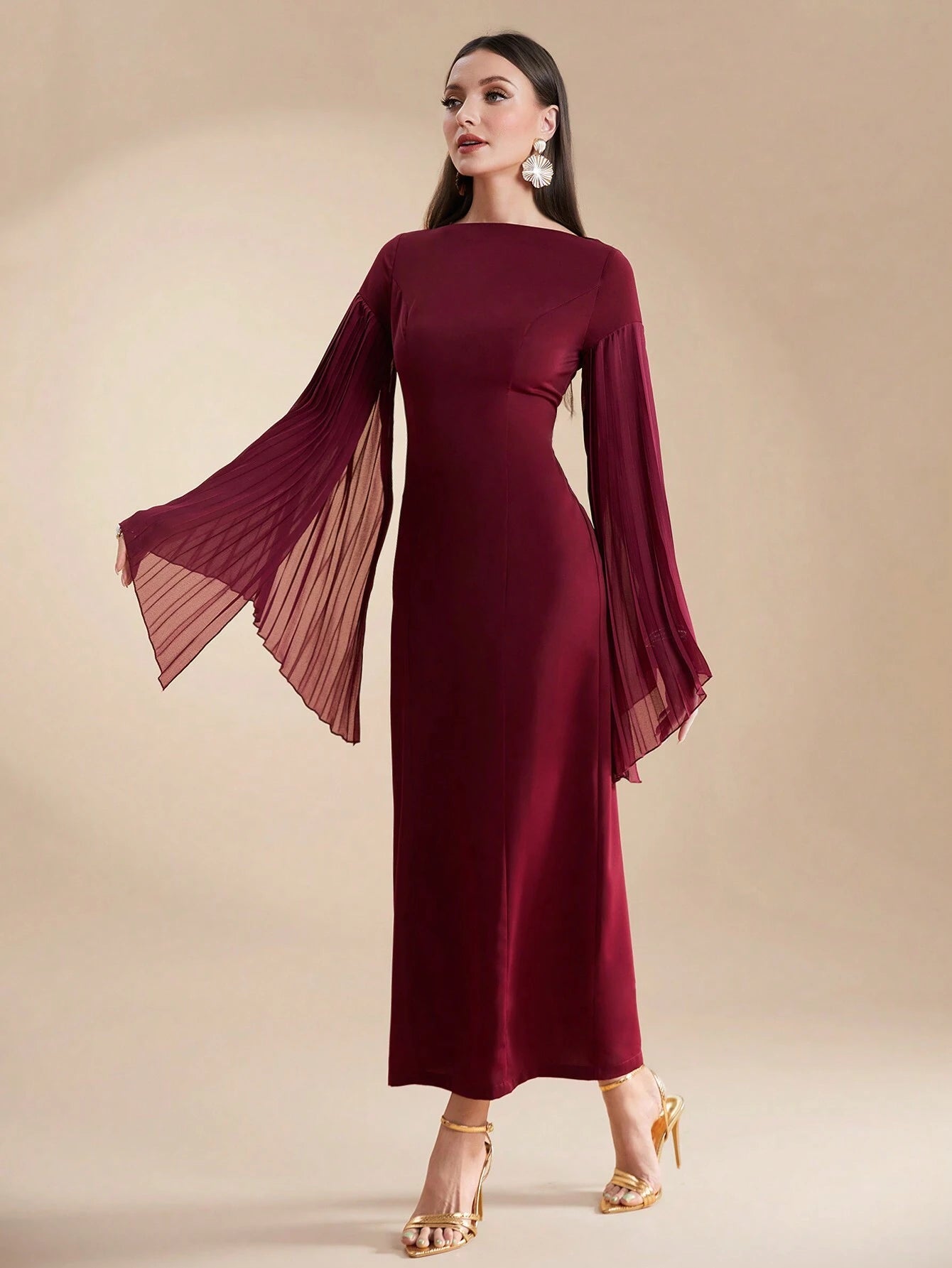  | SHEIN Modely Burgundy Red Women's Summer Solid Color Round Neck Pleated Slit Long Sleeve Elegant Dress | Dress | Shein | OneHub