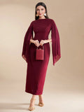  | SHEIN Modely Burgundy Red Women's Summer Solid Color Round Neck Pleated Slit Long Sleeve Elegant Dress | Dress | Shein | OneHub