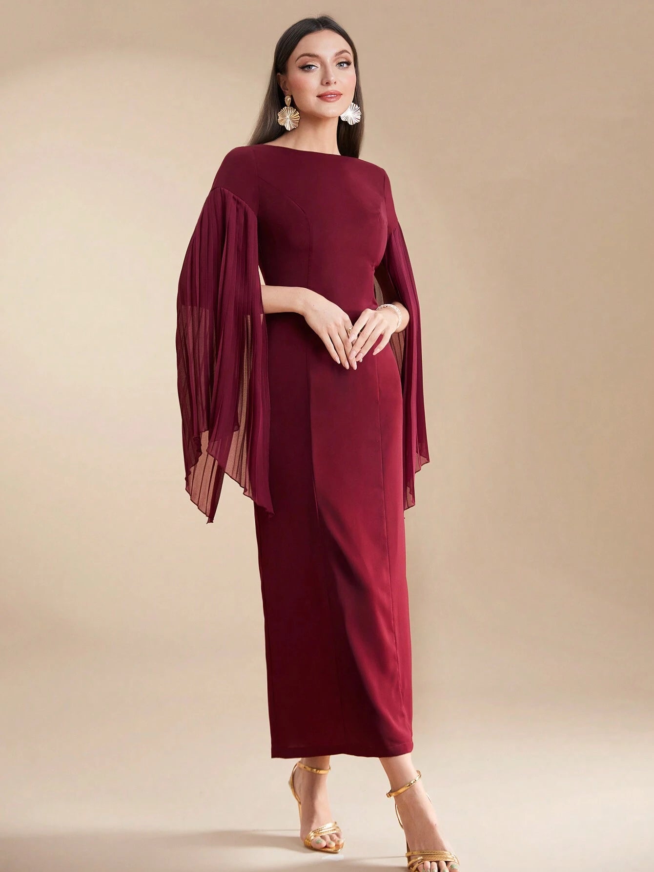  | SHEIN Modely Burgundy Red Women's Summer Solid Color Round Neck Pleated Slit Long Sleeve Elegant Dress | Dress | Shein | OneHub