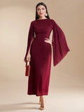  | SHEIN Modely Burgundy Red Women's Summer Solid Color Round Neck Pleated Slit Long Sleeve Elegant Dress | Dress | Shein | OneHub
