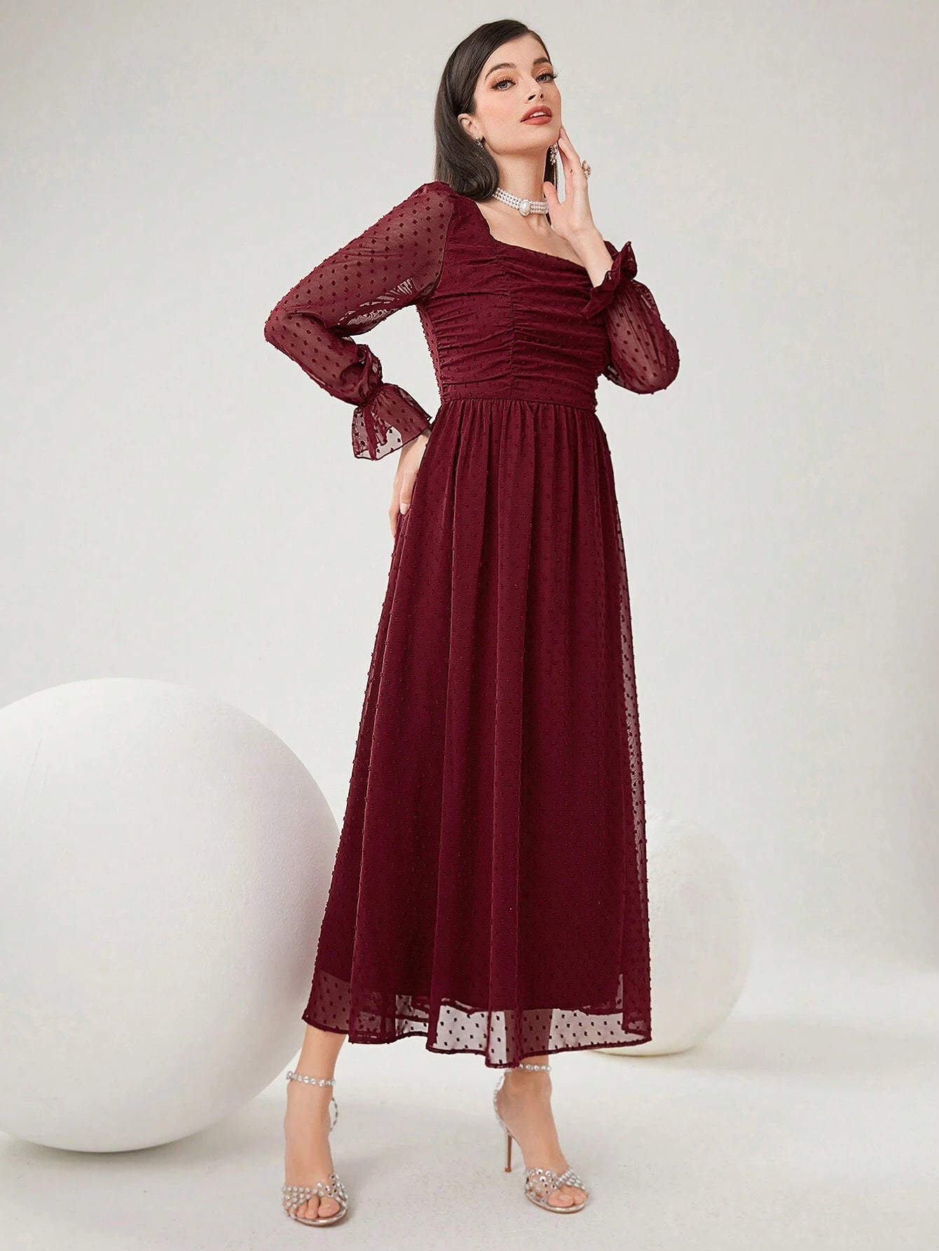  | SHEIN Modely Burgundy Red Women's Swiss Polka Dot Square Neckline Flowy Dress, Spring Summer | Dress | Shein | OneHub