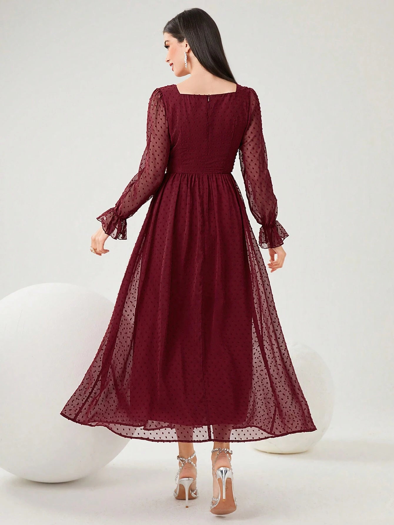  | SHEIN Modely Burgundy Red Women's Swiss Polka Dot Square Neckline Flowy Dress, Spring Summer | Dress | Shein | OneHub