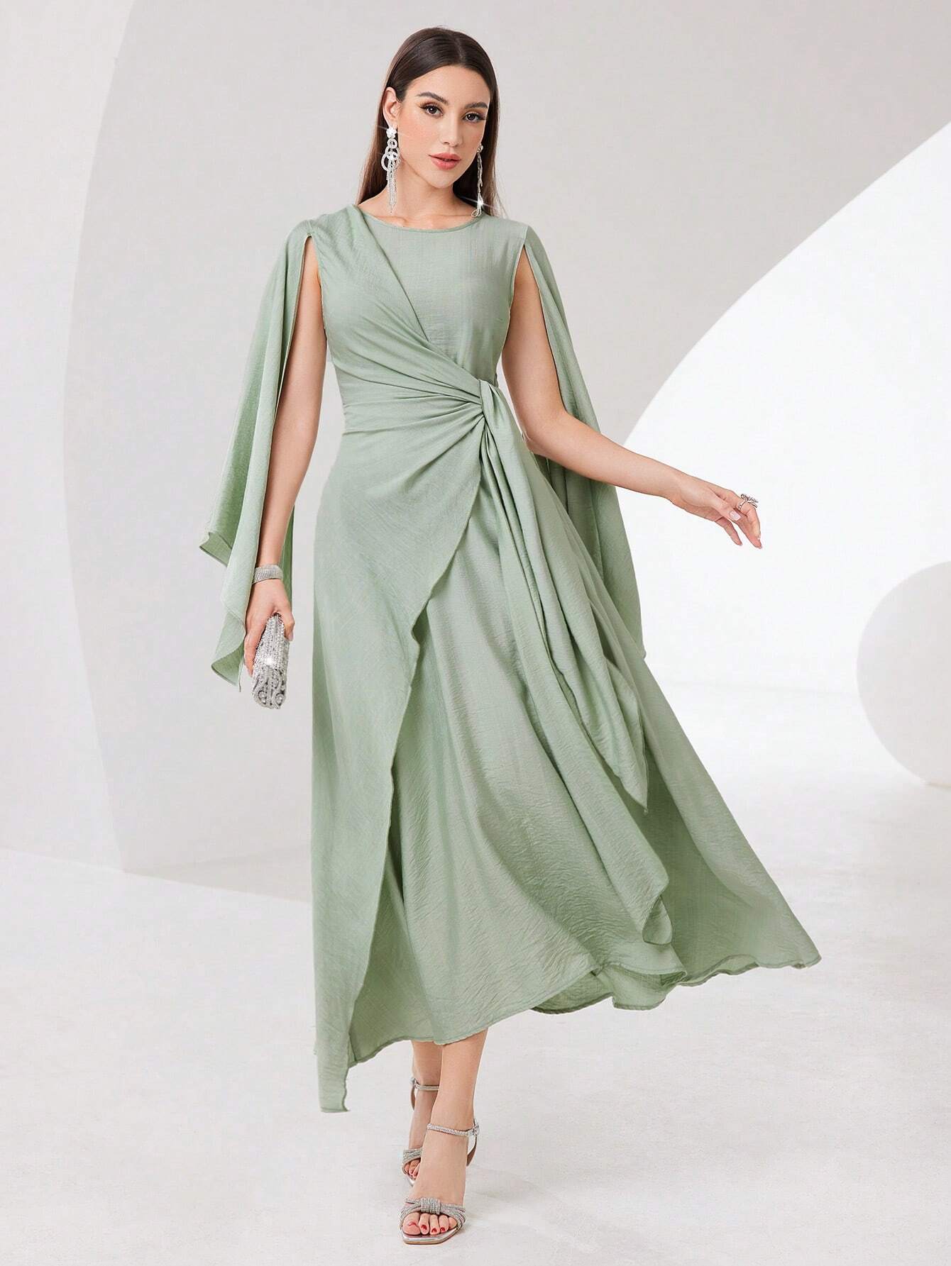  | SHEIN Modely Cloak Sleeve Knot Side Green Modest Dress | Dress | Shein | OneHub