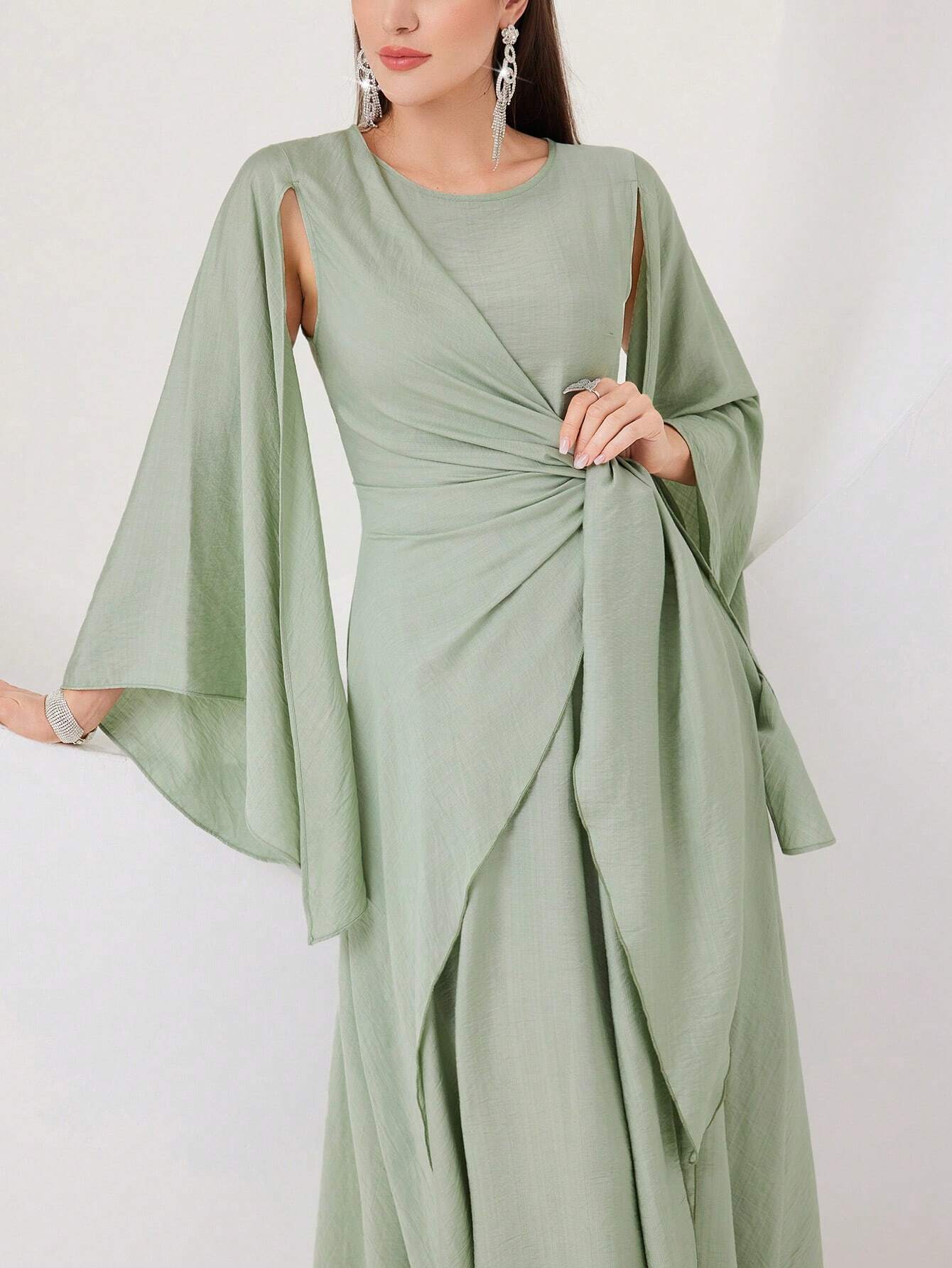  | SHEIN Modely Cloak Sleeve Knot Side Green Modest Dress | Dress | Shein | OneHub