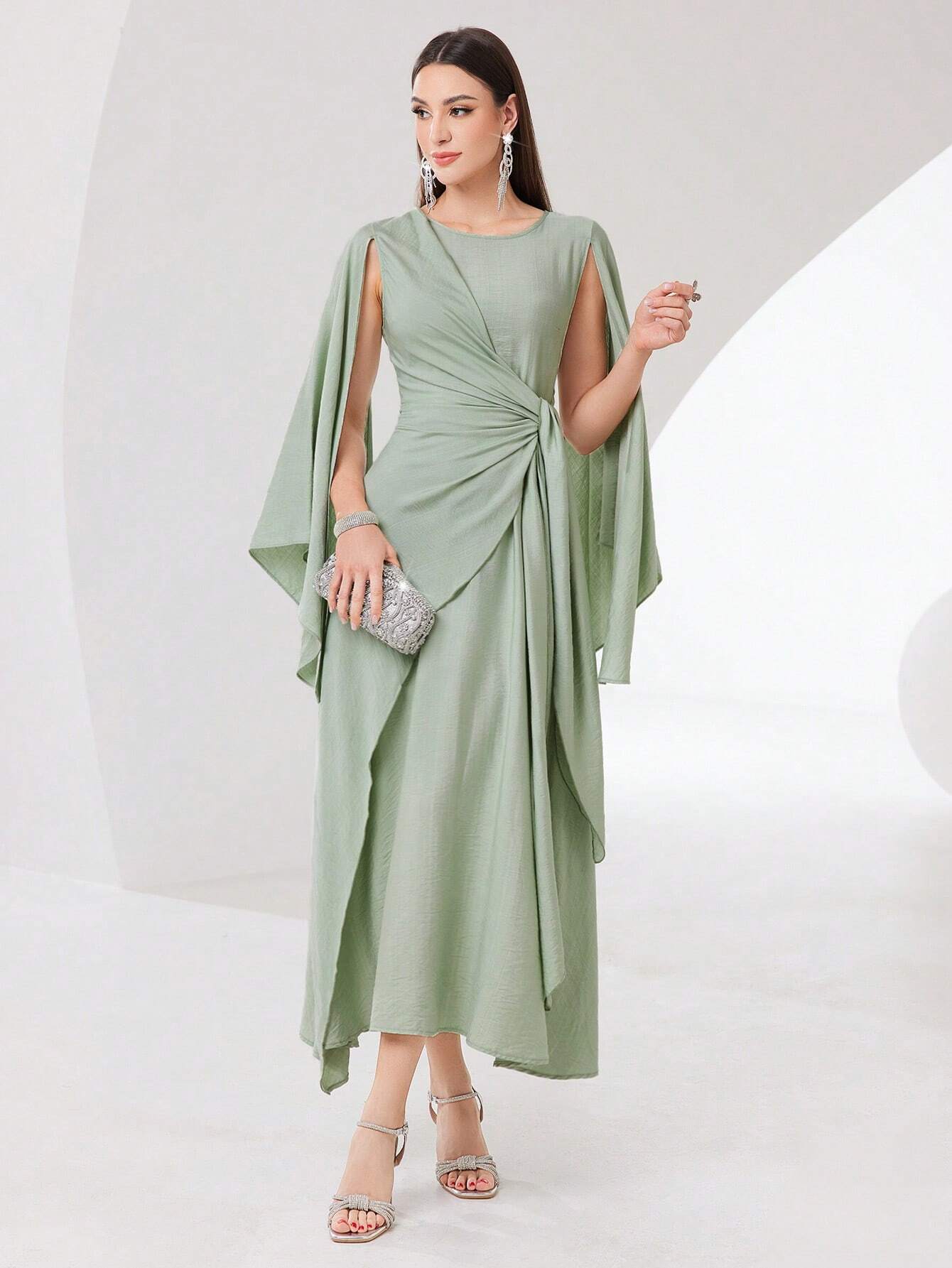  | SHEIN Modely Cloak Sleeve Knot Side Green Modest Dress | Dress | Shein | OneHub
