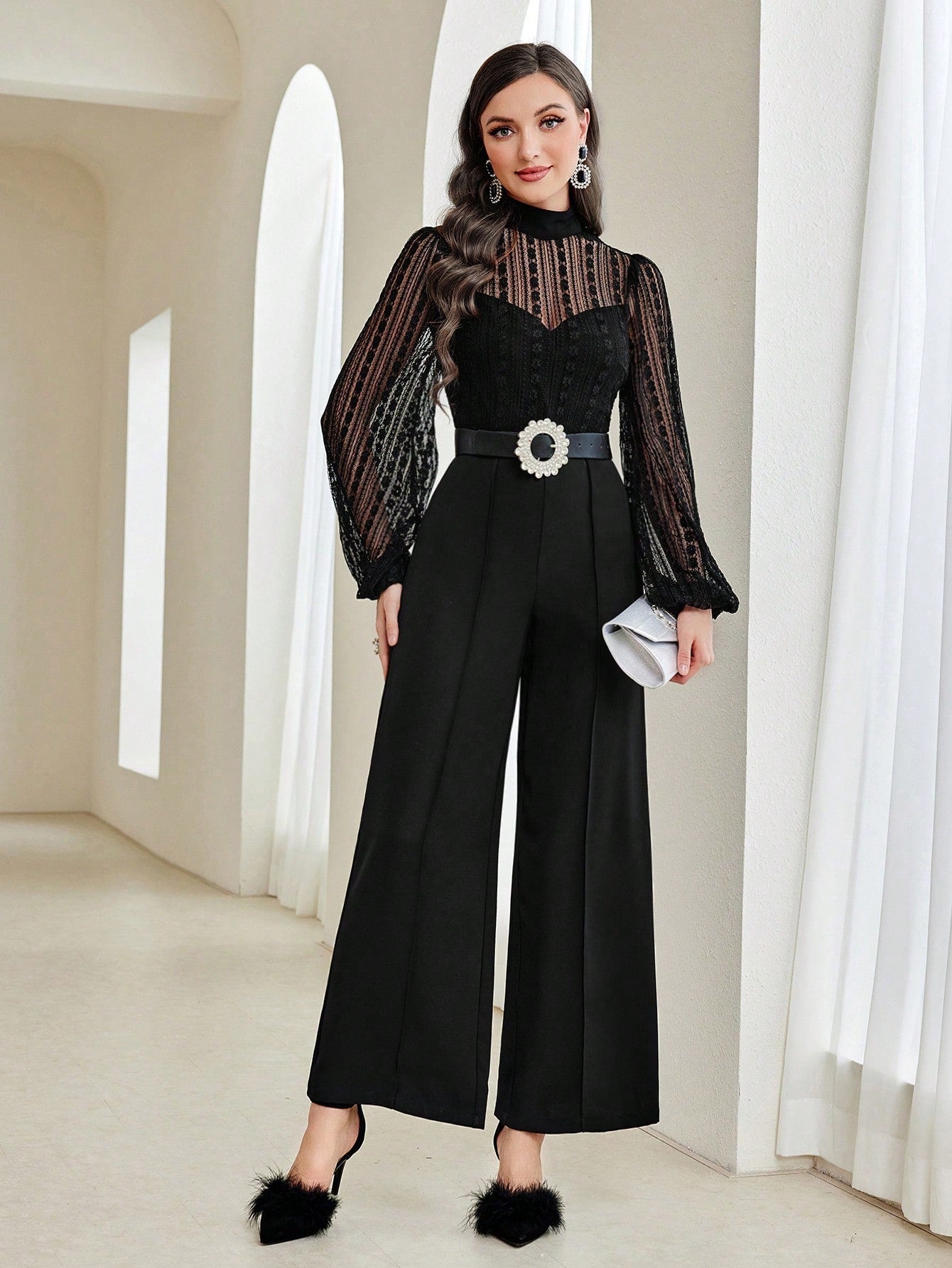  | SHEIN Modely Contrast Mesh Mock Neck Lantern Sleeve Wide Leg Jumpsuit | Jumpsuit | Shein | OneHub