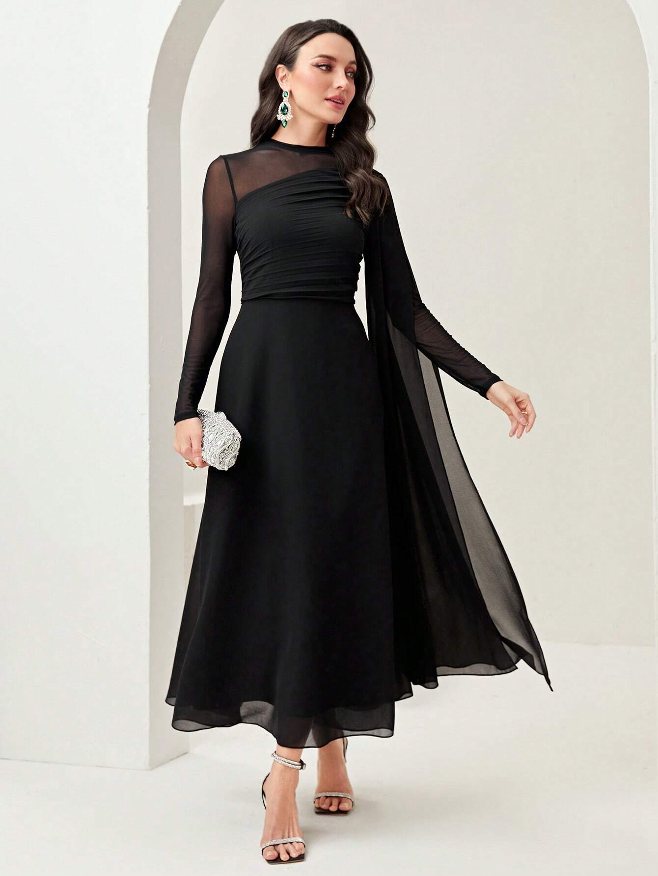  | SHEIN Modely Contrast Mesh Ruched Dress With Sleeves Dress | Dress | Shein | OneHub