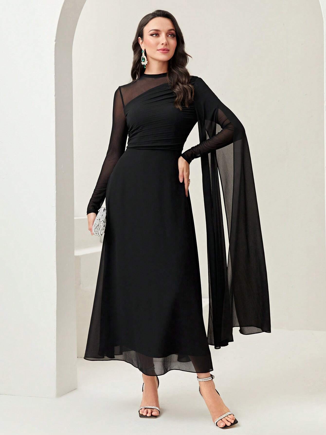 | SHEIN Modely Contrast Mesh Ruched Dress With Sleeves Dress | Dress | Shein | OneHub