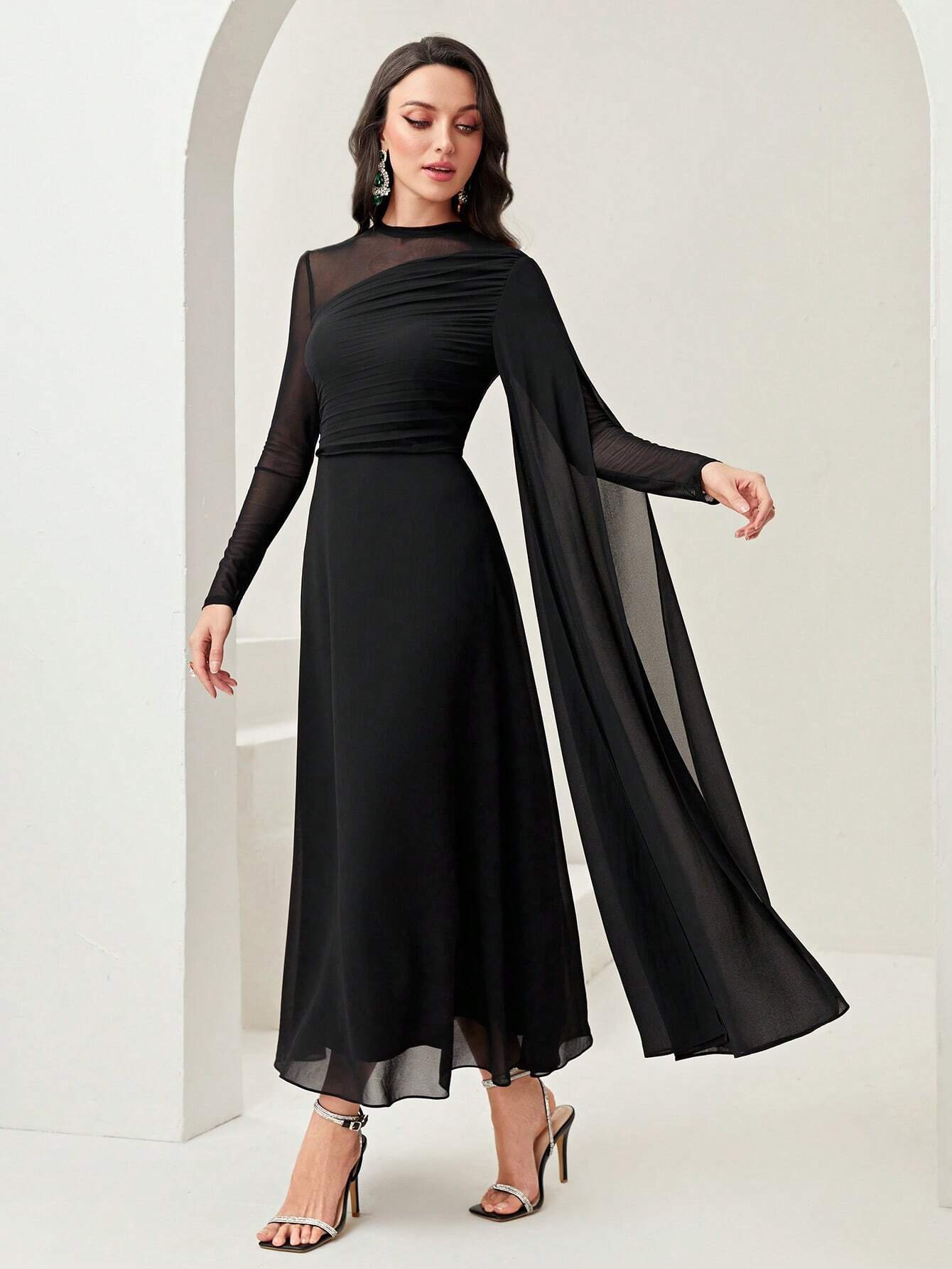  | SHEIN Modely Contrast Mesh Ruched Dress With Sleeves Dress | Dress | Shein | OneHub