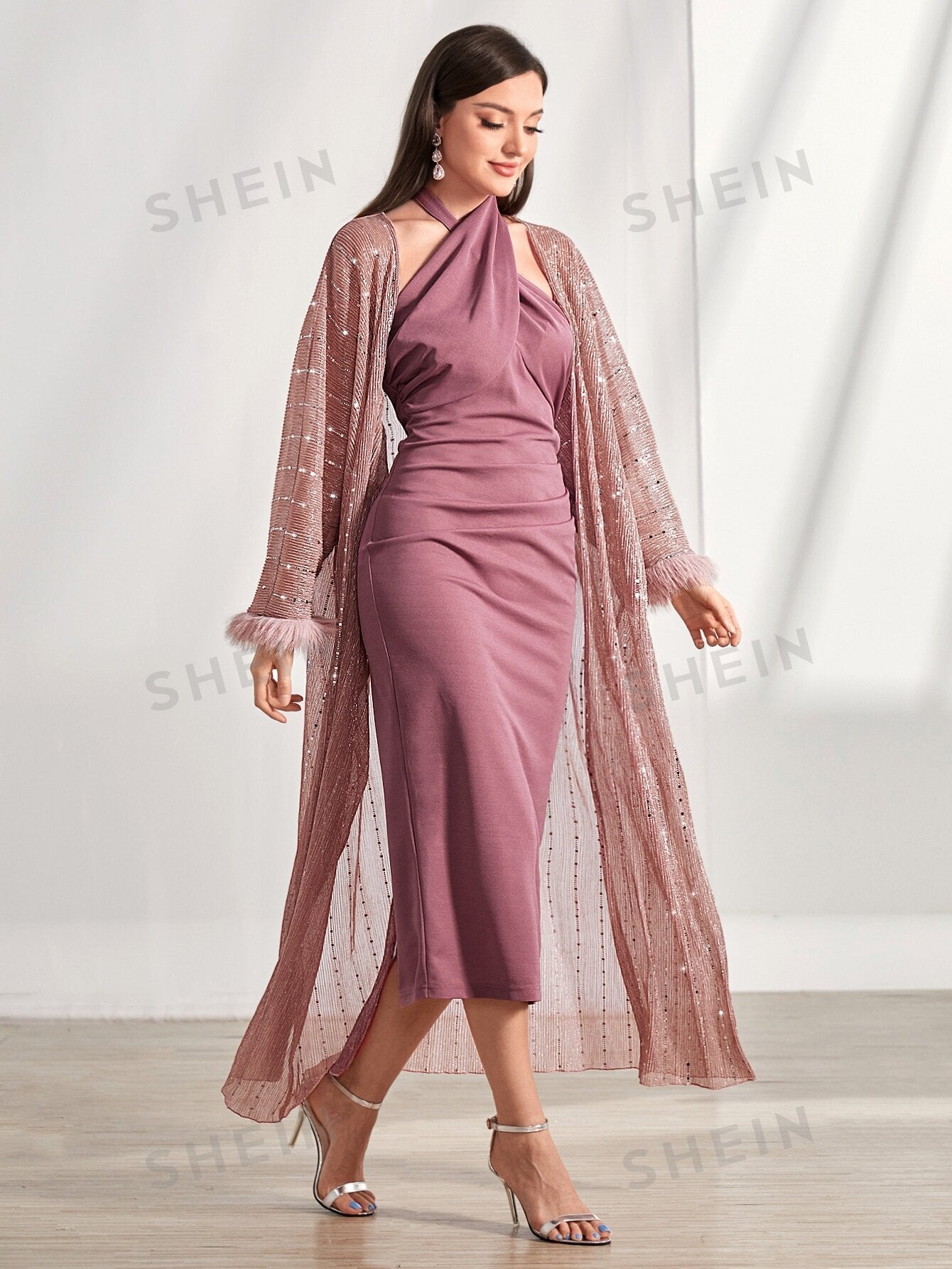  | SHEIN Modely Contrast Sequin Fuzzy Cuff Coat & Bodycon Dress | Dress | Shein | OneHub