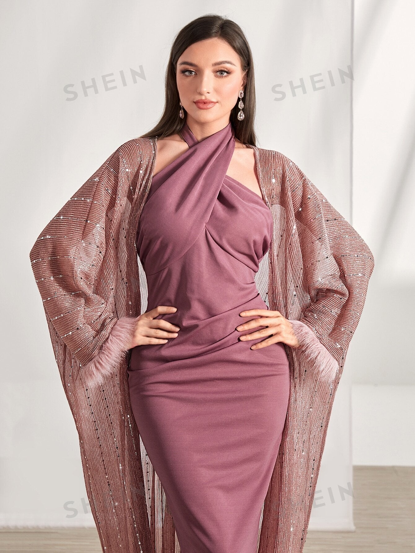  | SHEIN Modely Contrast Sequin Fuzzy Cuff Coat & Bodycon Dress | Dress | Shein | OneHub