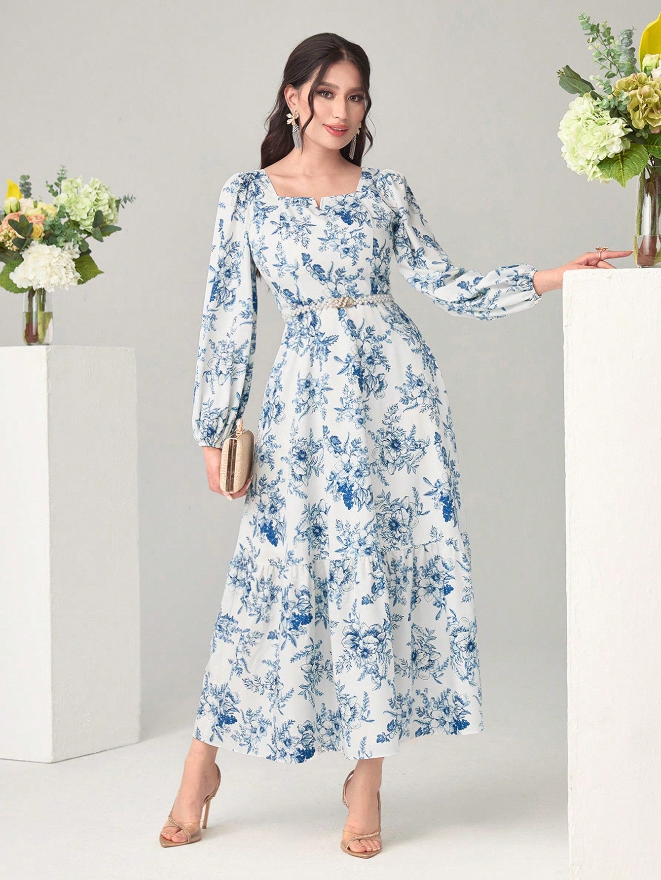  | SHEIN Modely Floral Print Notched Neck Lantern Sleeve Ruffle Hem Dress Without Belt | Dress | Shein | OneHub