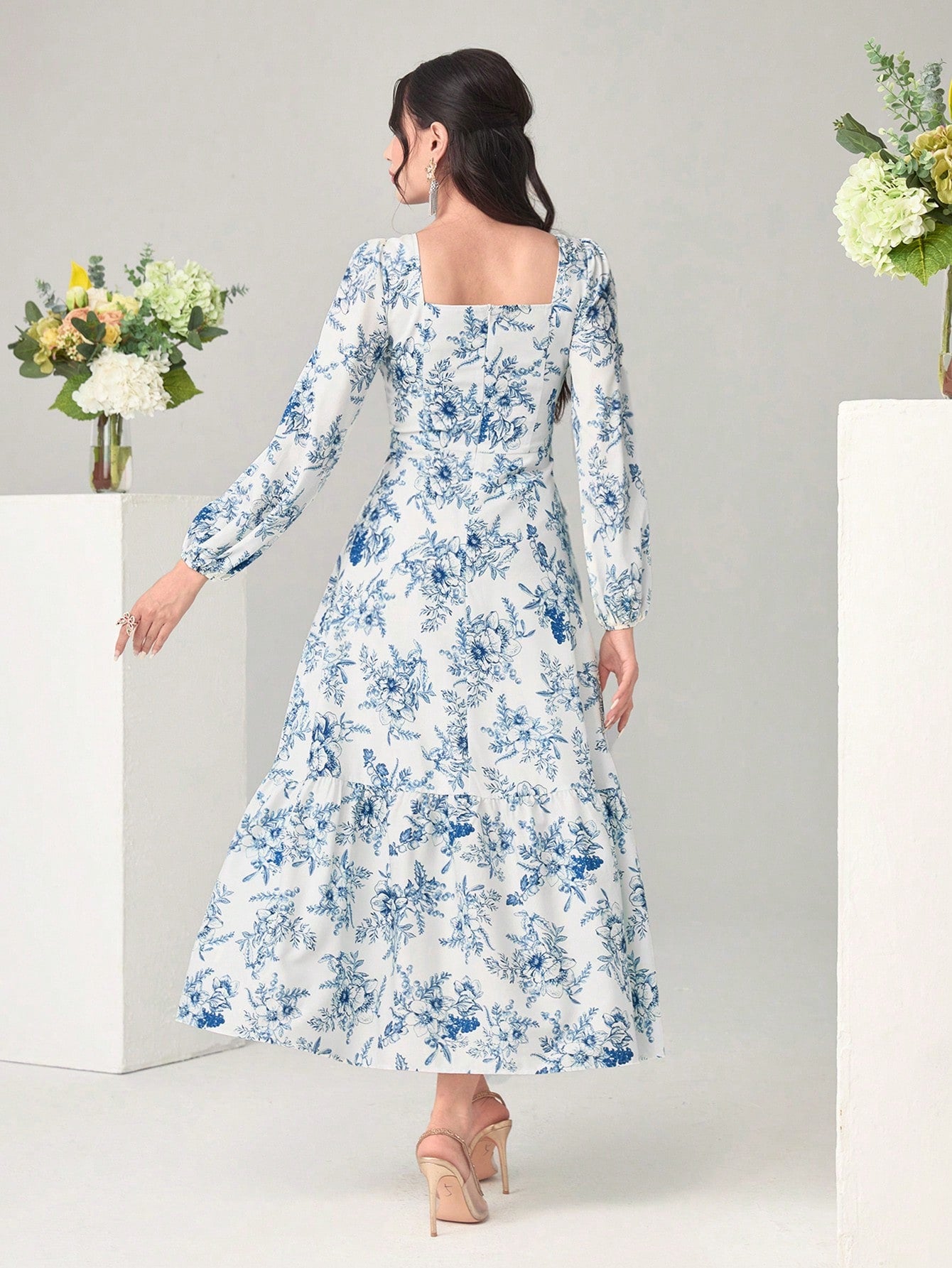  | SHEIN Modely Floral Print Notched Neck Lantern Sleeve Ruffle Hem Dress Without Belt | Dress | Shein | OneHub