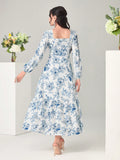  | SHEIN Modely Floral Print Notched Neck Lantern Sleeve Ruffle Hem Dress Without Belt | Dress | Shein | OneHub