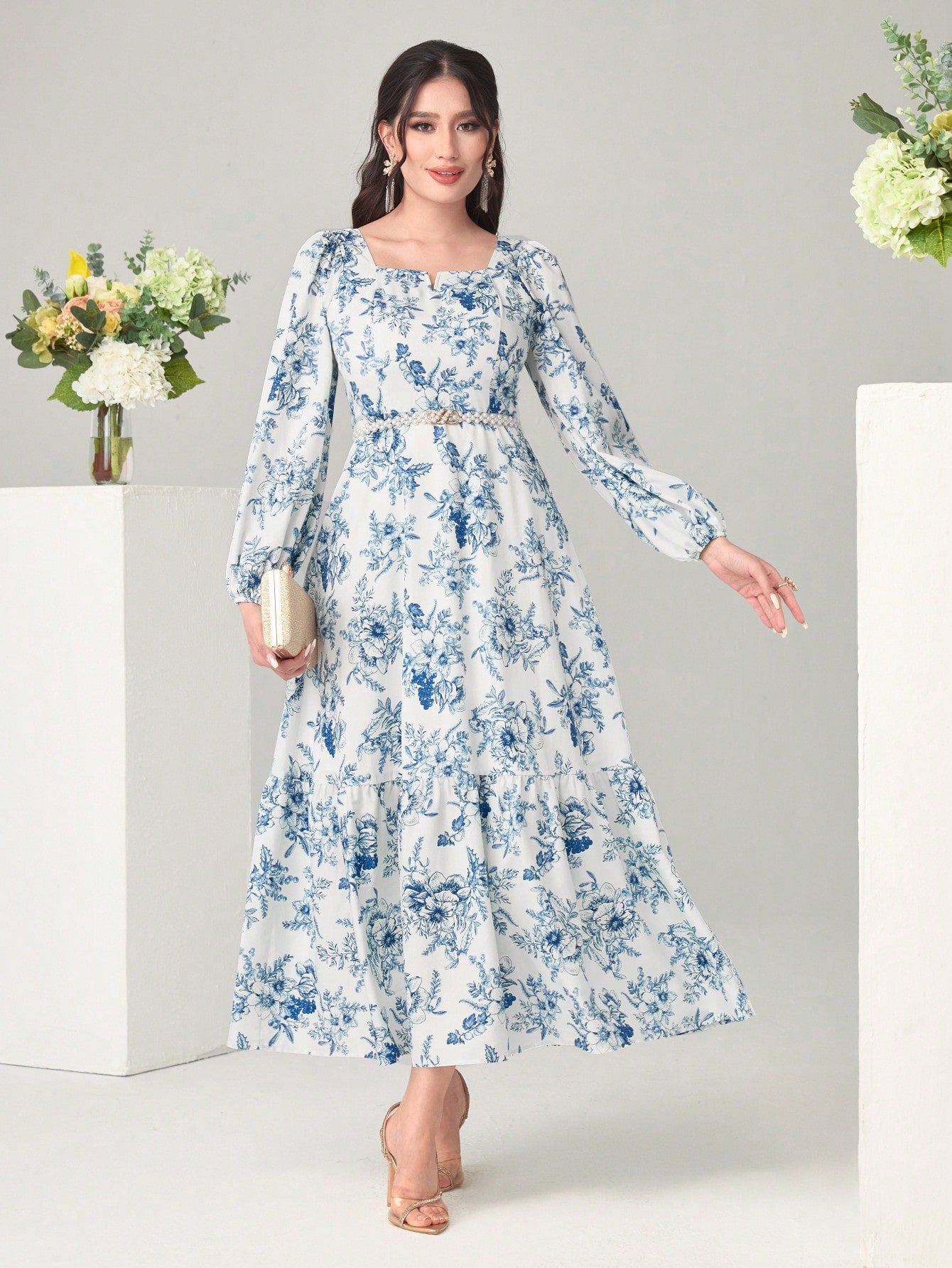  | SHEIN Modely Floral Print Notched Neck Lantern Sleeve Ruffle Hem Dress Without Belt | Dress | Shein | OneHub
