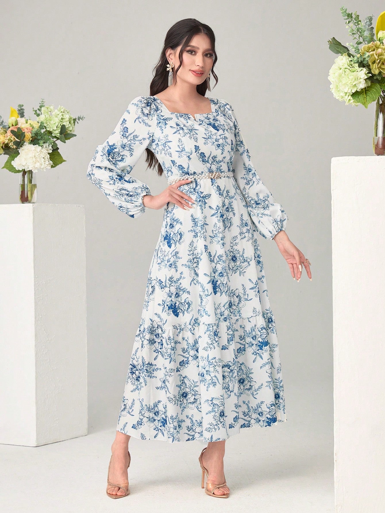  | SHEIN Modely Floral Print Notched Neck Lantern Sleeve Ruffle Hem Dress Without Belt | Dress | Shein | OneHub
