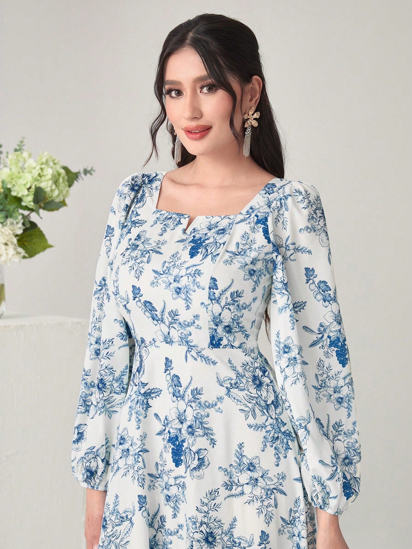  | SHEIN Modely Floral Print Notched Neck Lantern Sleeve Ruffle Hem Dress Without Belt | Dress | Shein | OneHub
