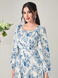  | SHEIN Modely Floral Print Notched Neck Lantern Sleeve Ruffle Hem Dress Without Belt | Dress | Shein | OneHub