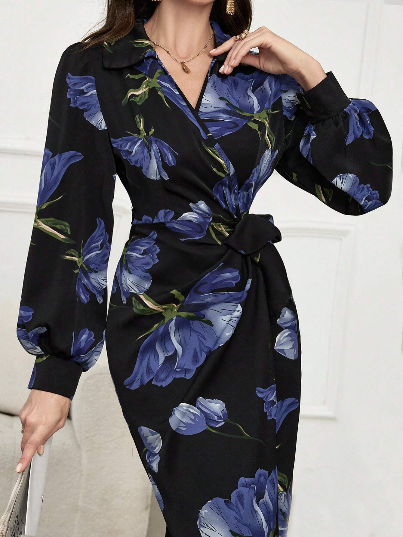  | SHEIN Modely Floral Print V-Neck Wrap-Around Tie-Front Elegant Long Sleeve Dress | Dress | Shein | OneHub