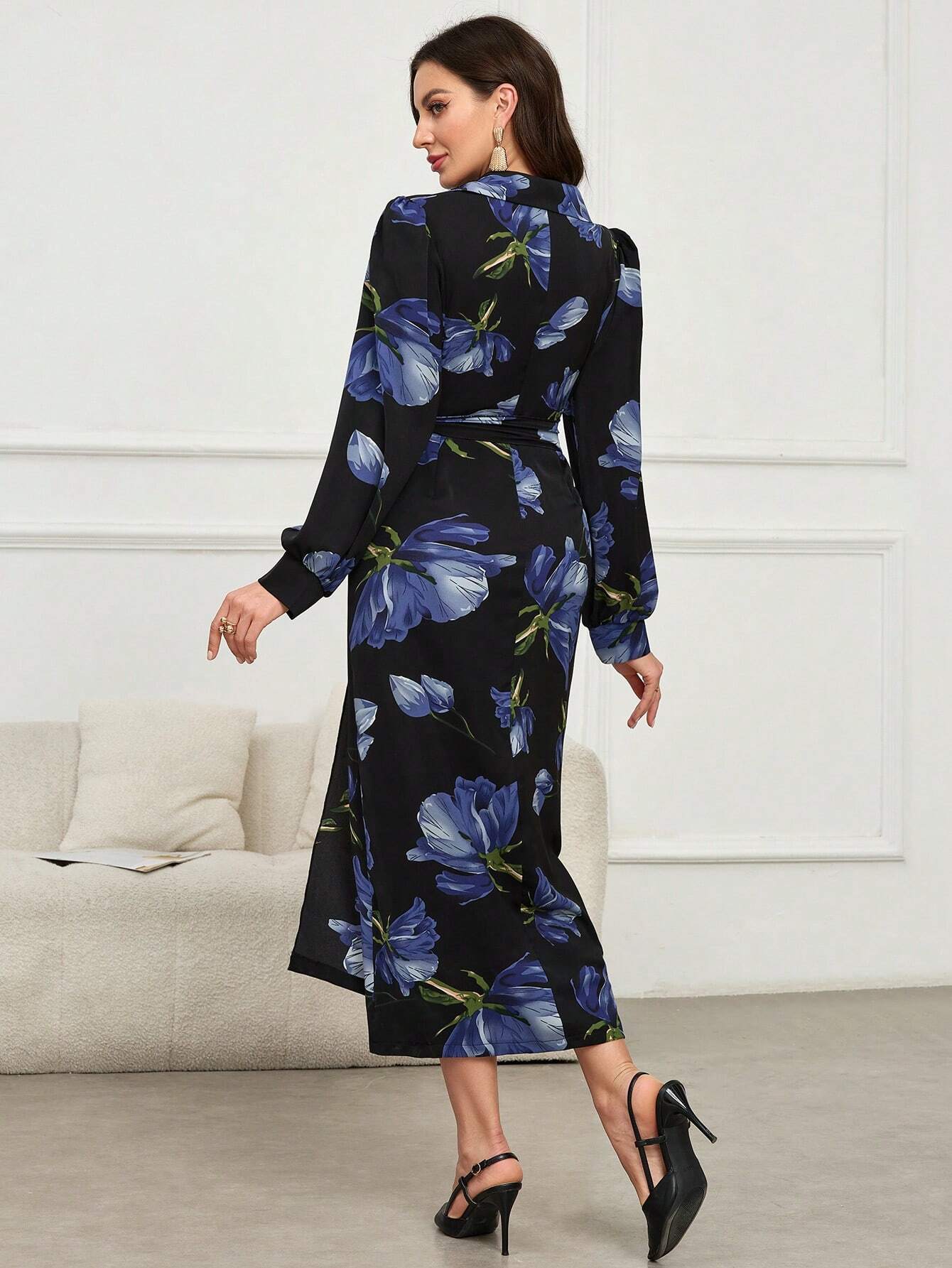  | SHEIN Modely Floral Print V-Neck Wrap-Around Tie-Front Elegant Long Sleeve Dress | Dress | Shein | OneHub