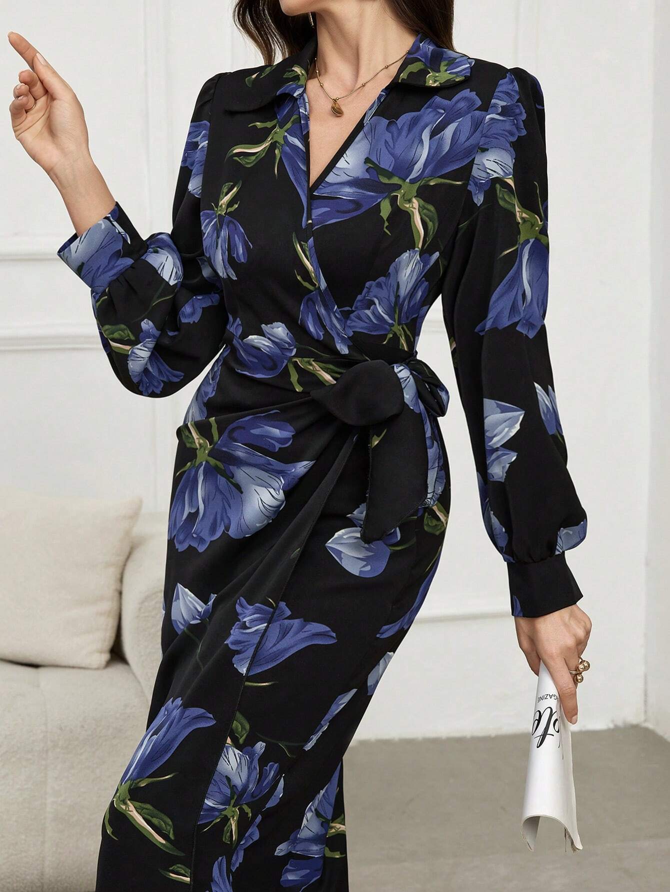  | SHEIN Modely Floral Print V-Neck Wrap-Around Tie-Front Elegant Long Sleeve Dress | Dress | Shein | OneHub