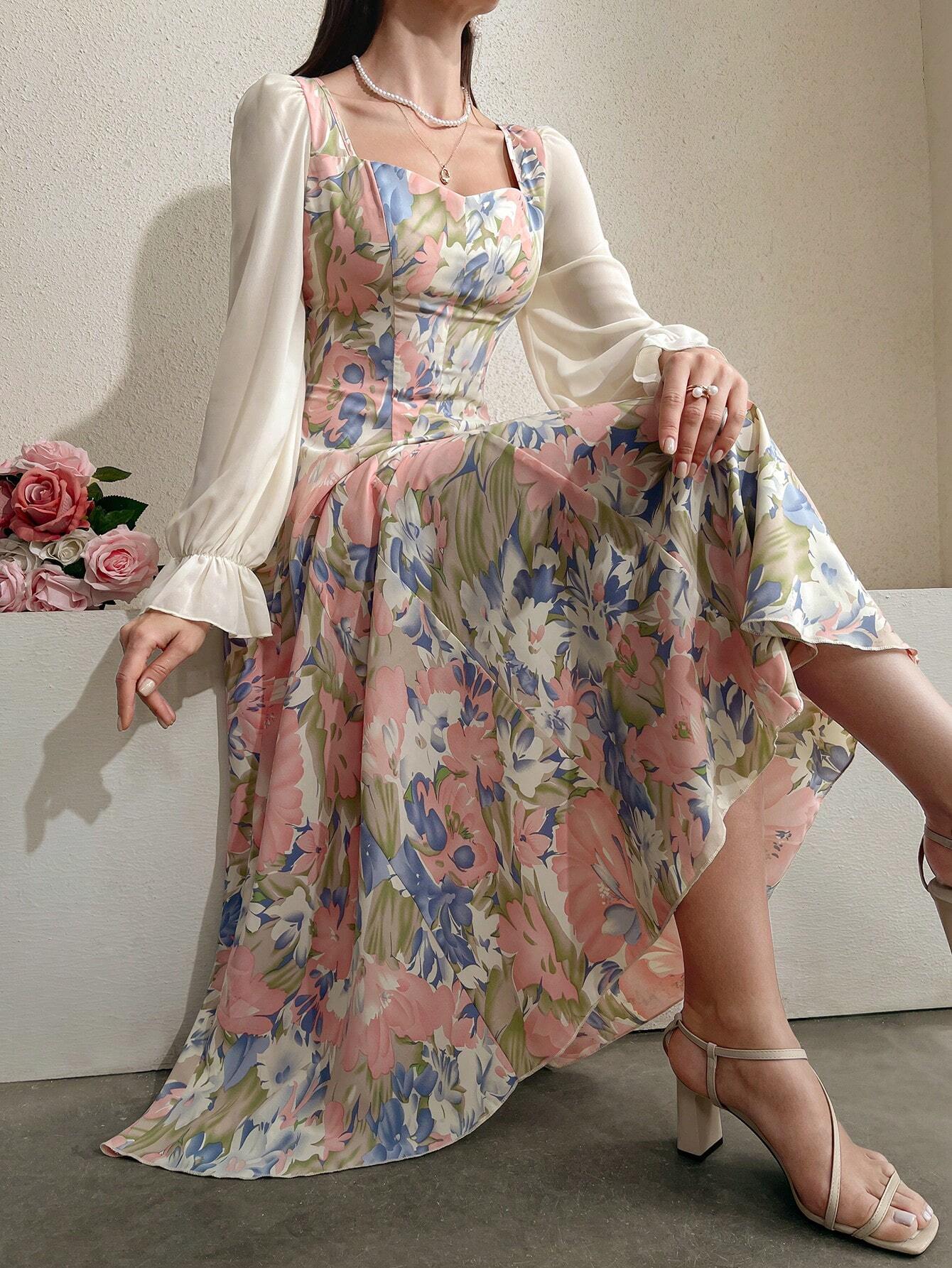  | SHEIN Modely Floral Printed Patchwork Dress With Sweetheart Neckline And Waist Tie | Dress | OneHub | OneHub