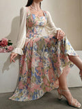 SHEIN Modely Floral Printed Patchwork Dress With Sweetheart Neckline And Waist Tie
