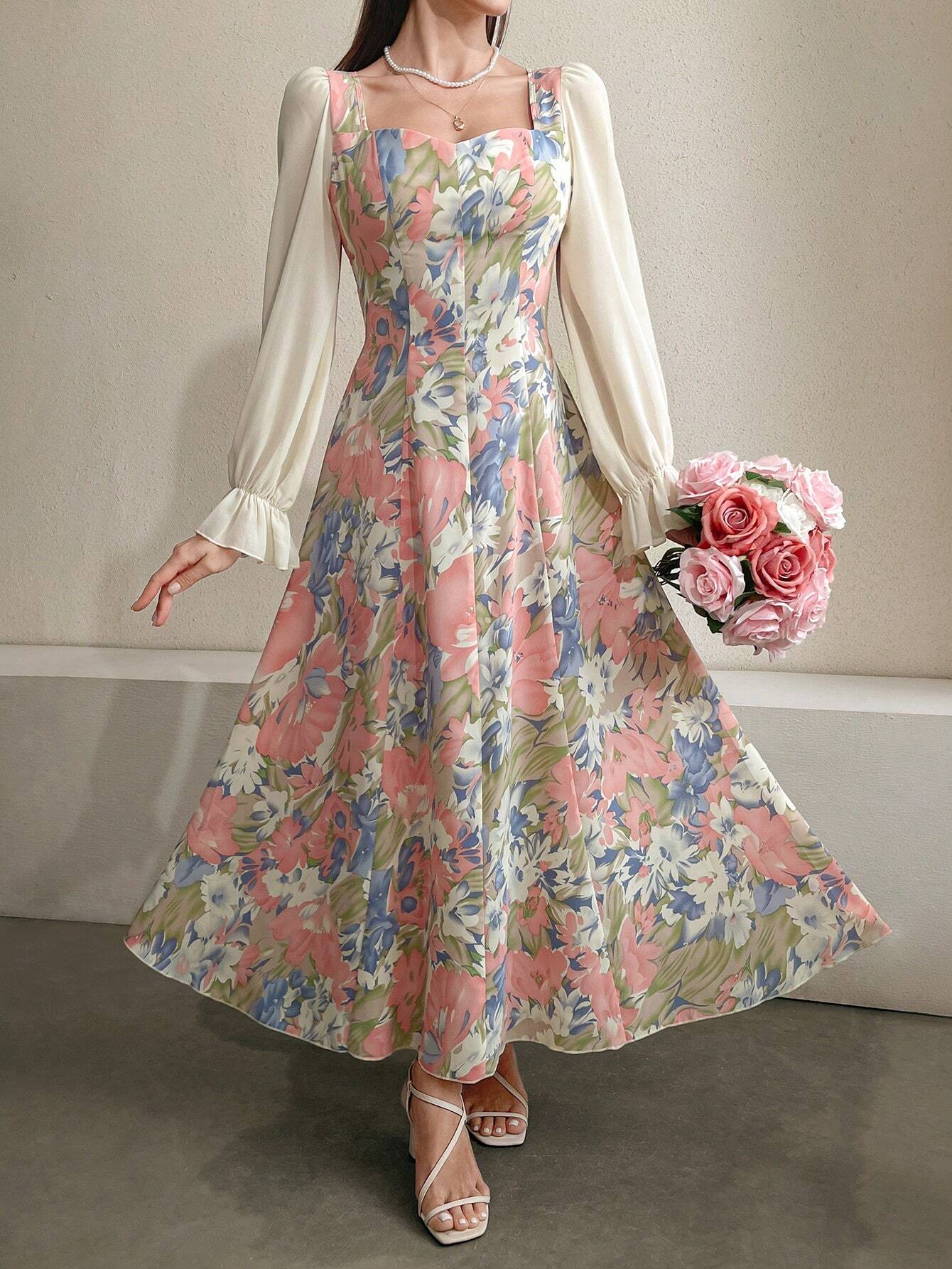  | SHEIN Modely Floral Printed Patchwork Dress With Sweetheart Neckline And Waist Tie | Dress | OneHub | OneHub
