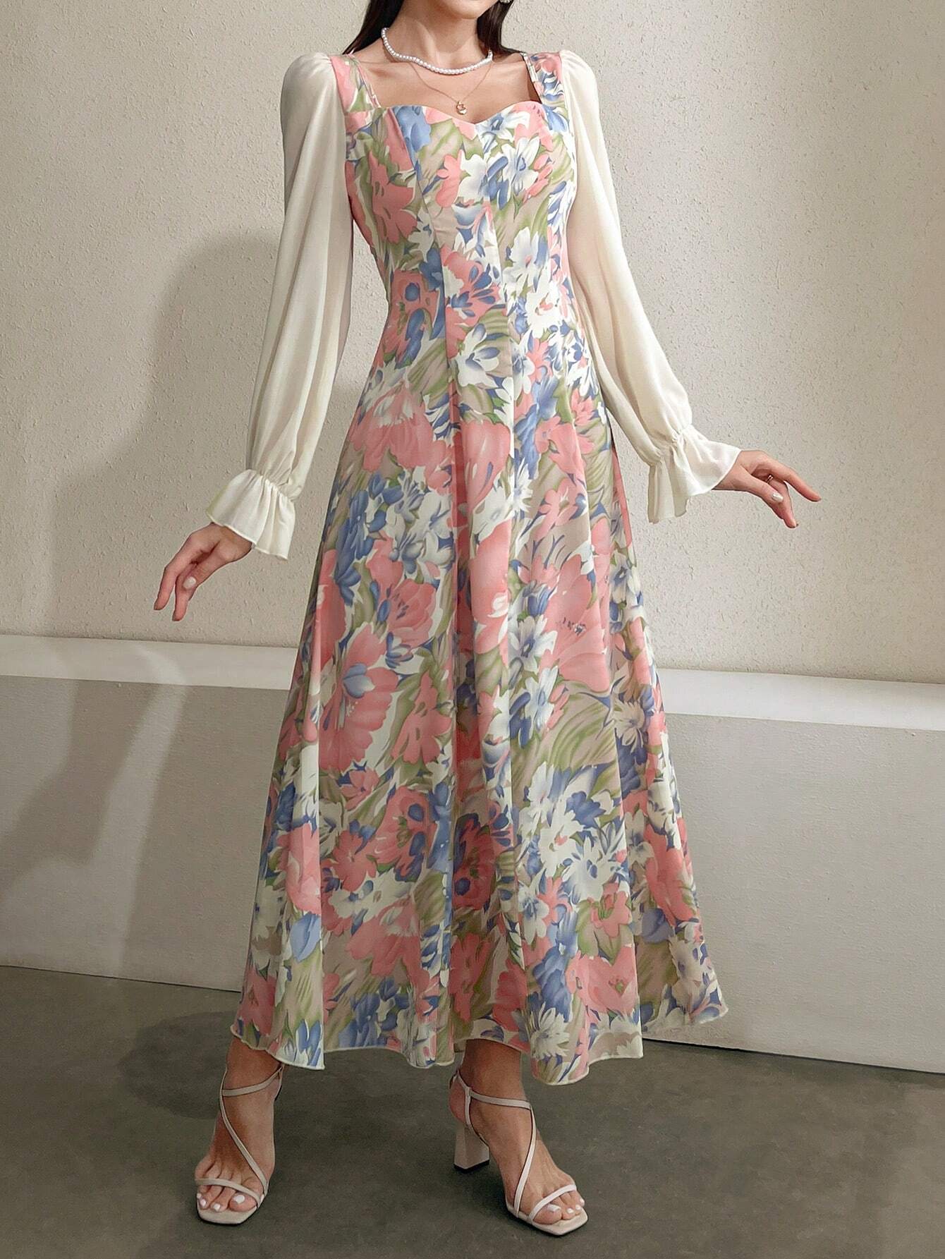  | SHEIN Modely Floral Printed Patchwork Dress With Sweetheart Neckline And Waist Tie | Dress | OneHub | OneHub
