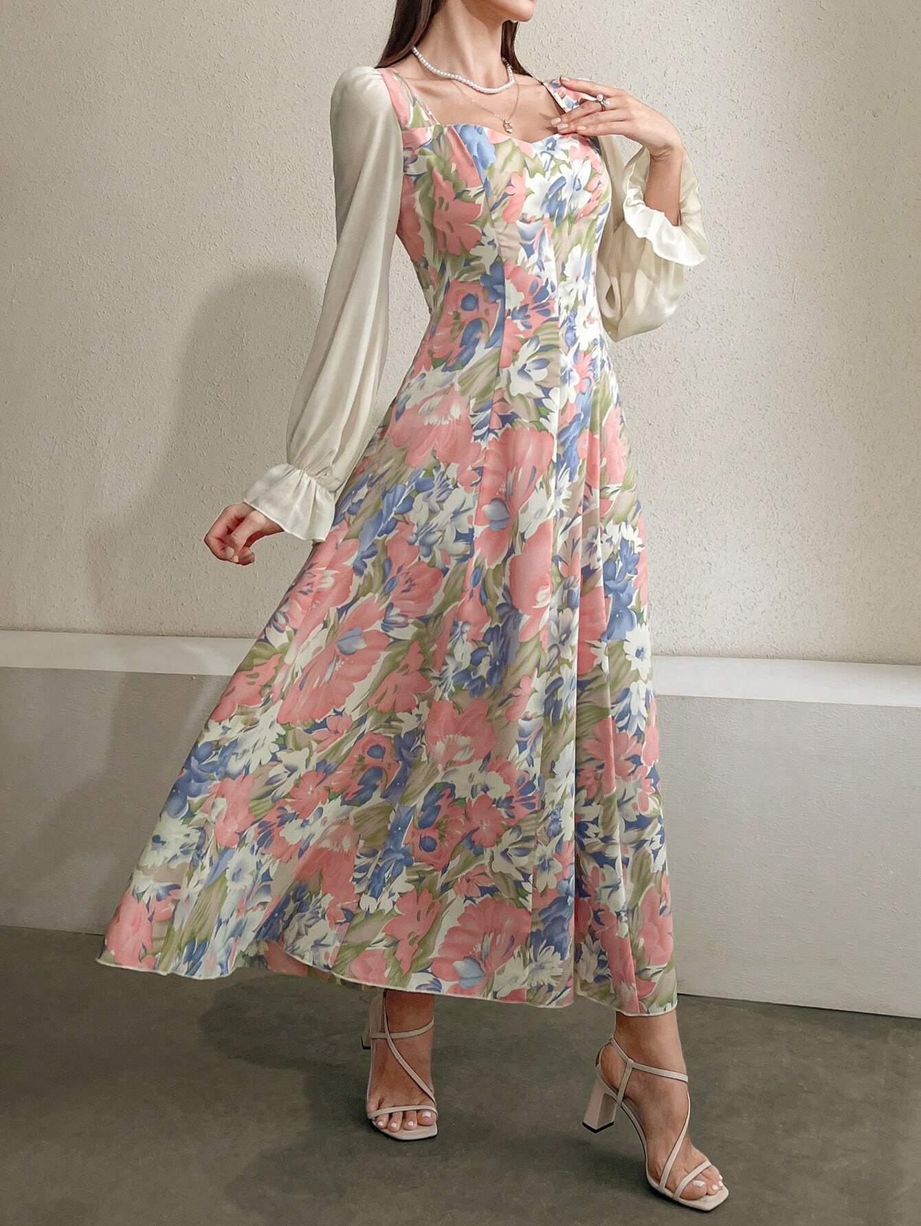  | SHEIN Modely Floral Printed Patchwork Dress With Sweetheart Neckline And Waist Tie | Dress | OneHub | OneHub