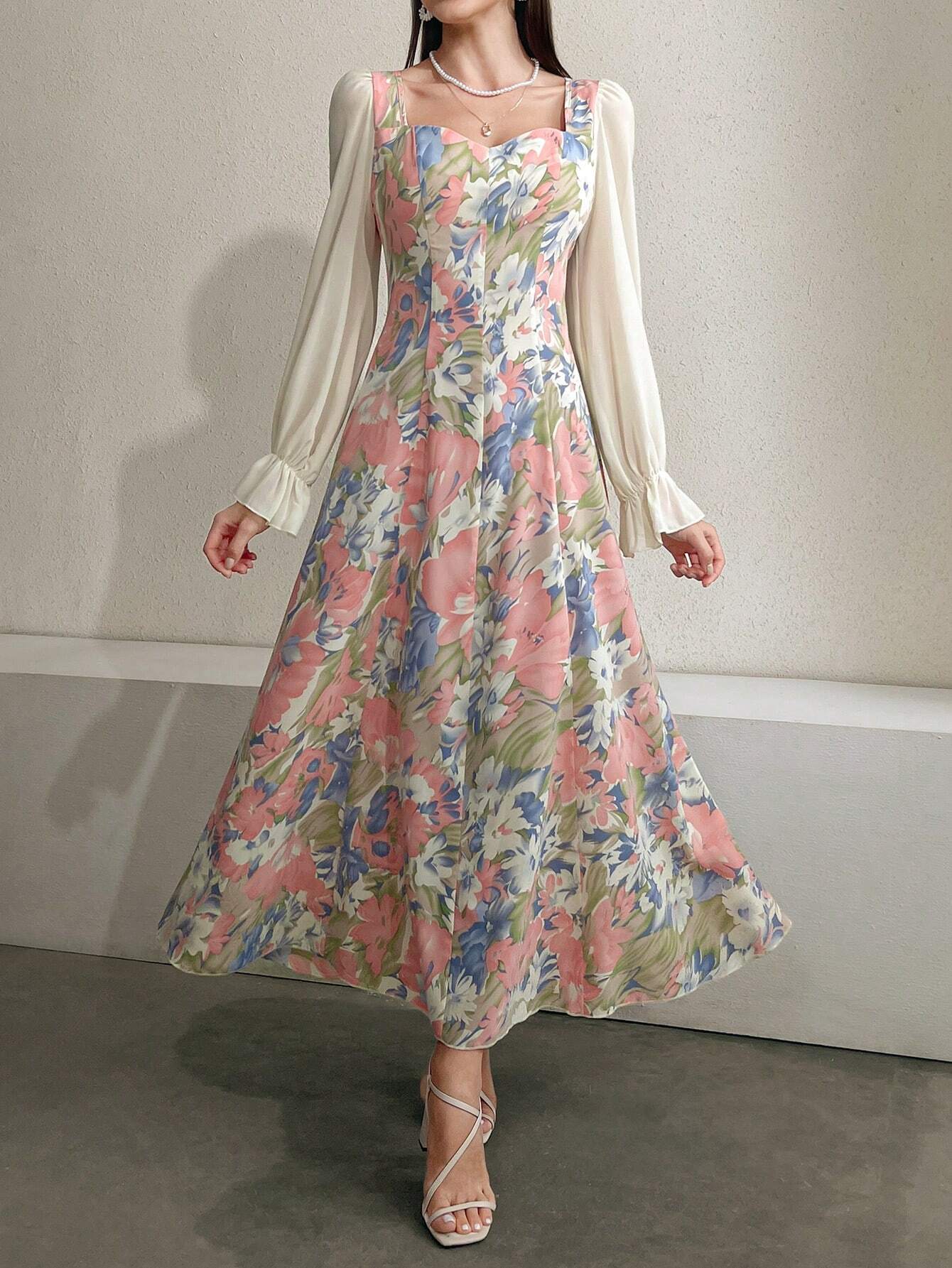  | SHEIN Modely Floral Printed Patchwork Dress With Sweetheart Neckline And Waist Tie | Dress | OneHub | OneHub