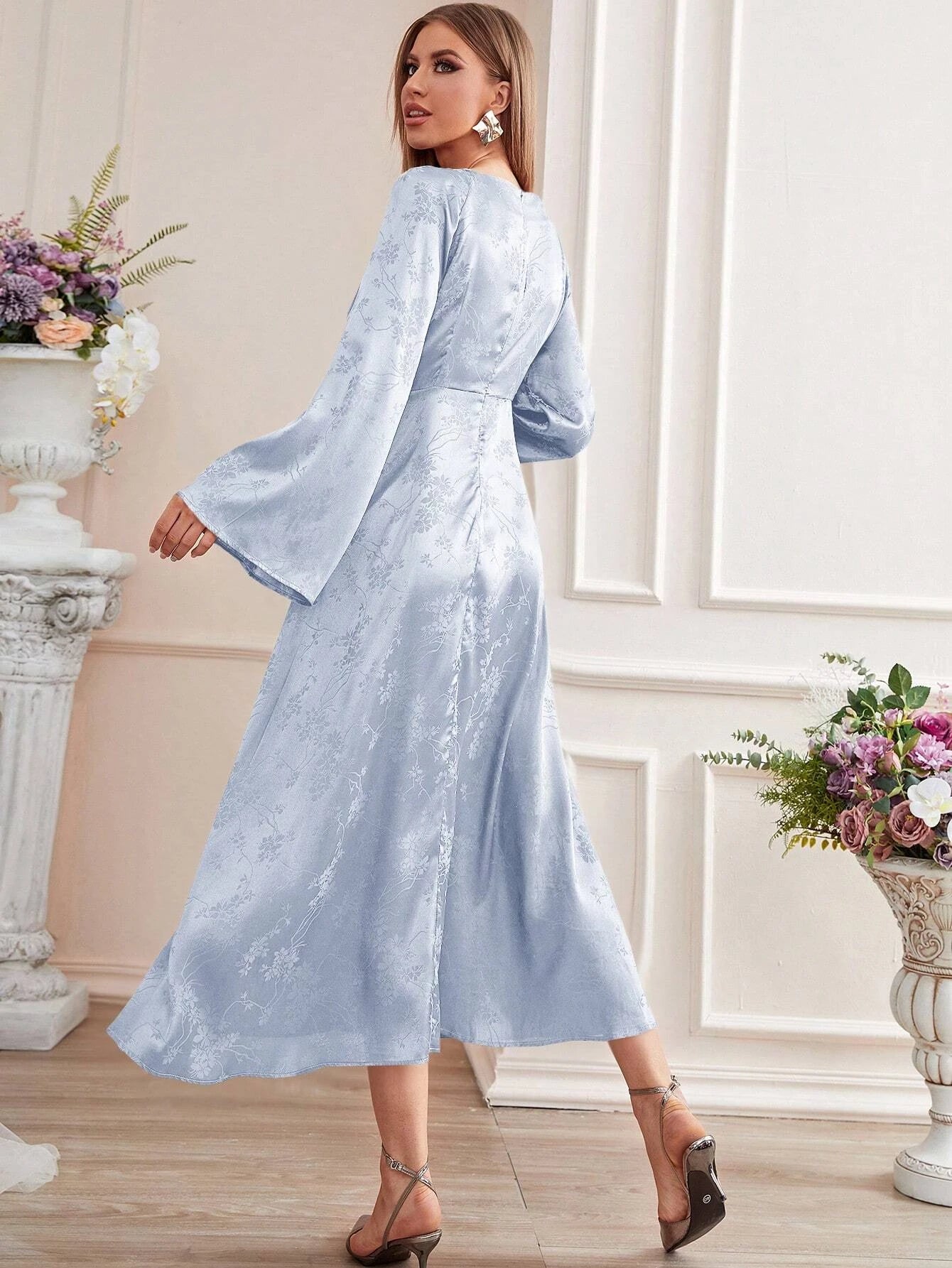  | SHEIN Modely Jacquard Trumpet Sleeve Knot Front Dress, Evening Dress | Dress | Shein | OneHub