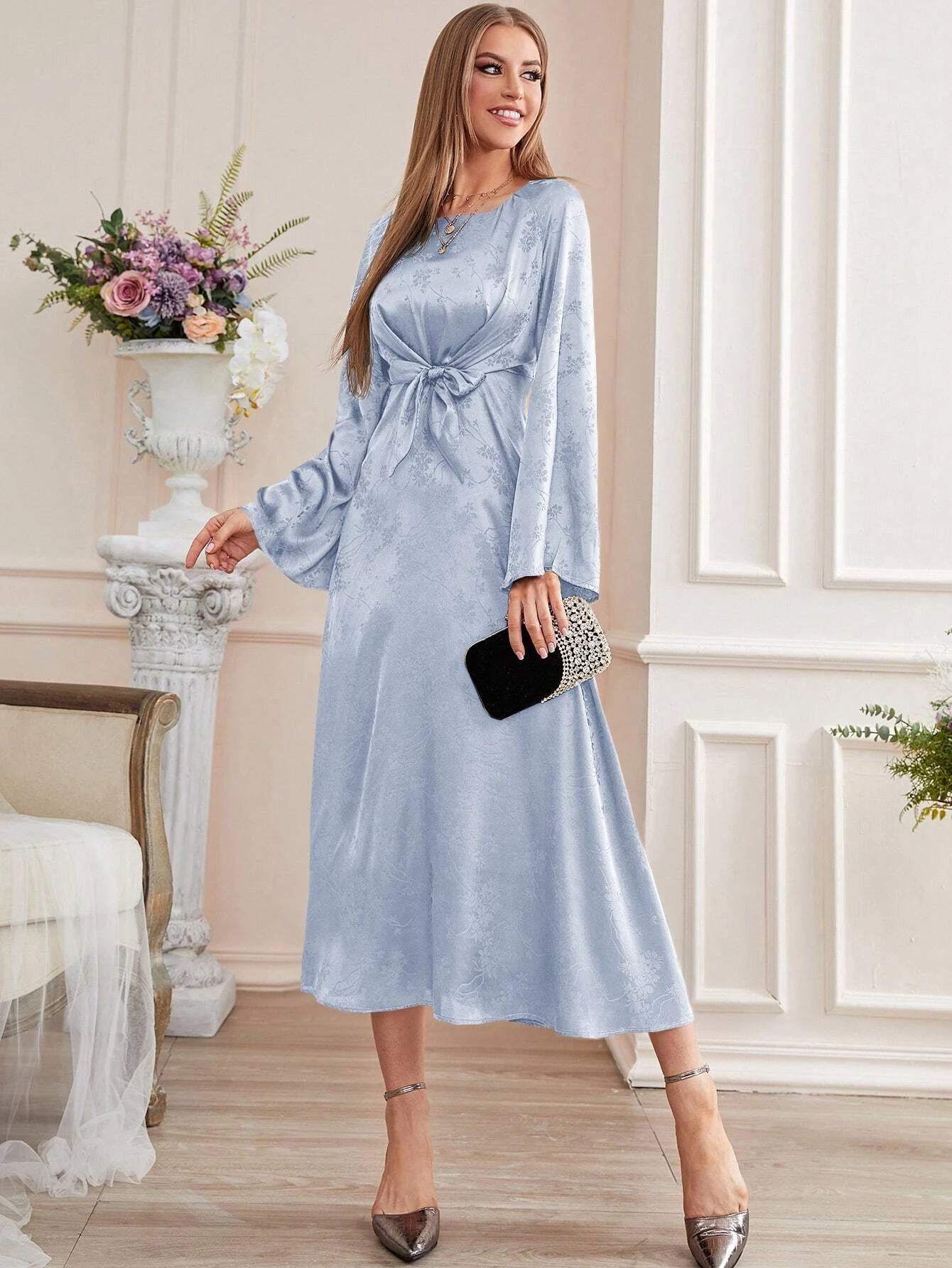  | SHEIN Modely Jacquard Trumpet Sleeve Knot Front Dress, Evening Dress | Dress | Shein | OneHub